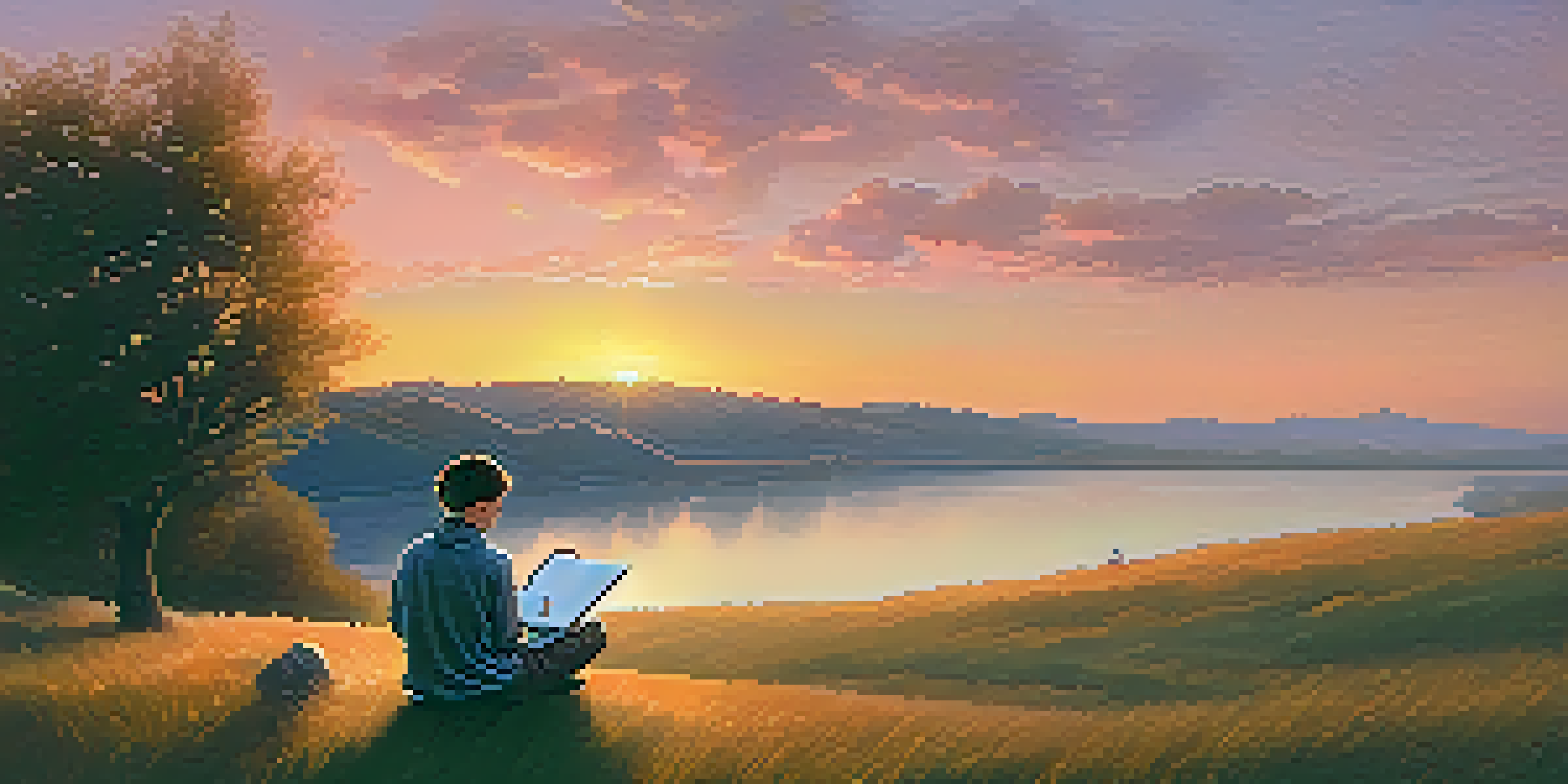 A young person sitting on a grassy hill, looking at a sunset with a notebook beside them.