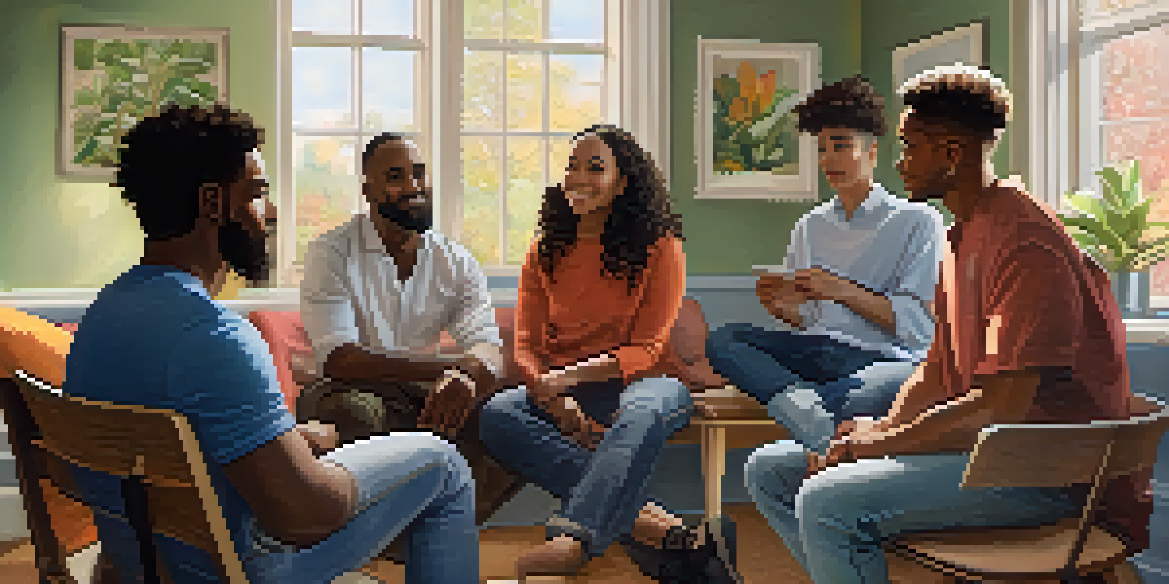 A diverse group of men and women participating in a supportive therapy session, showing various emotions in a warmly lit room.