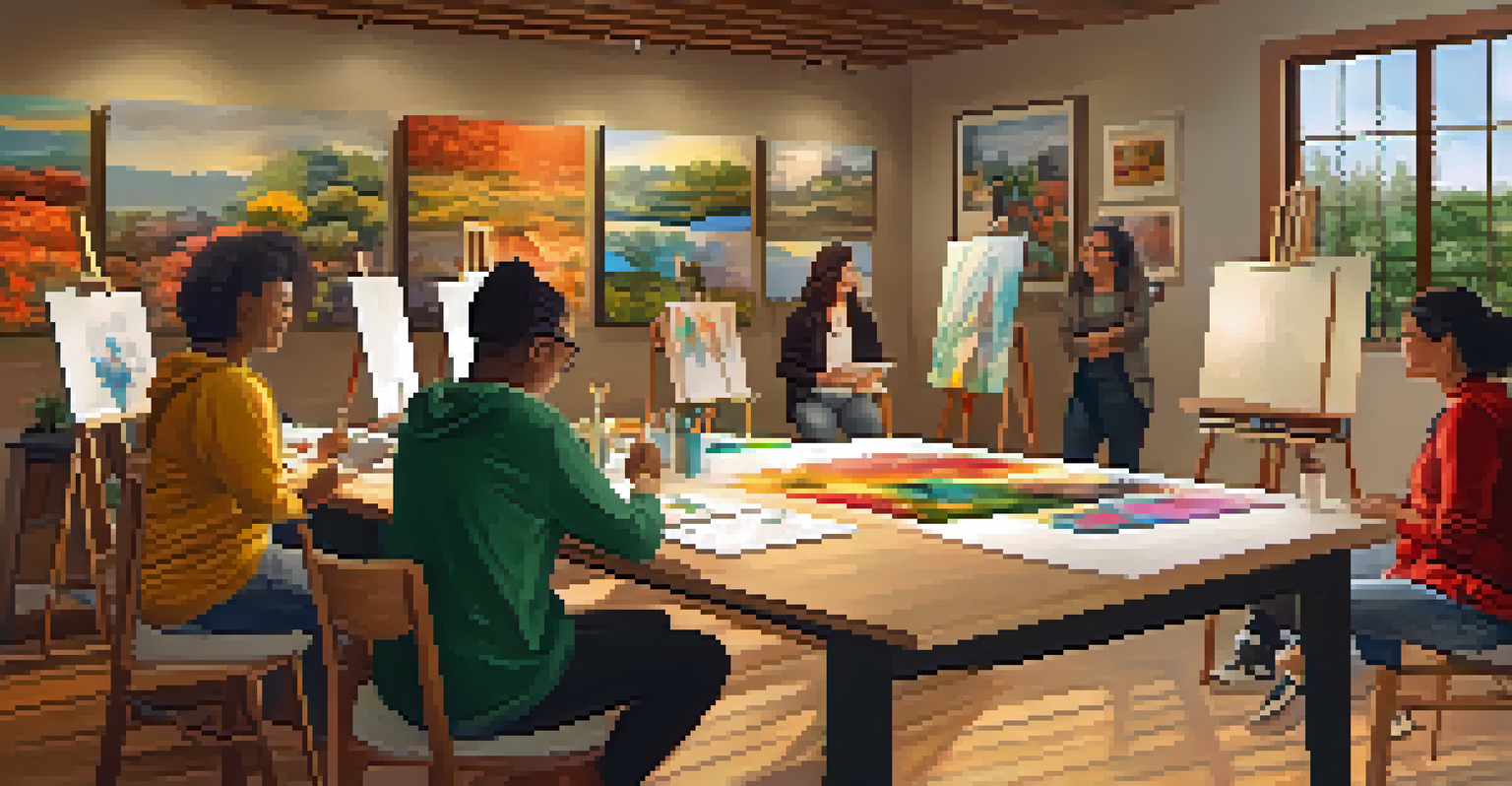 Participants in an art therapy group sharing their artwork in a warm and inviting setting.