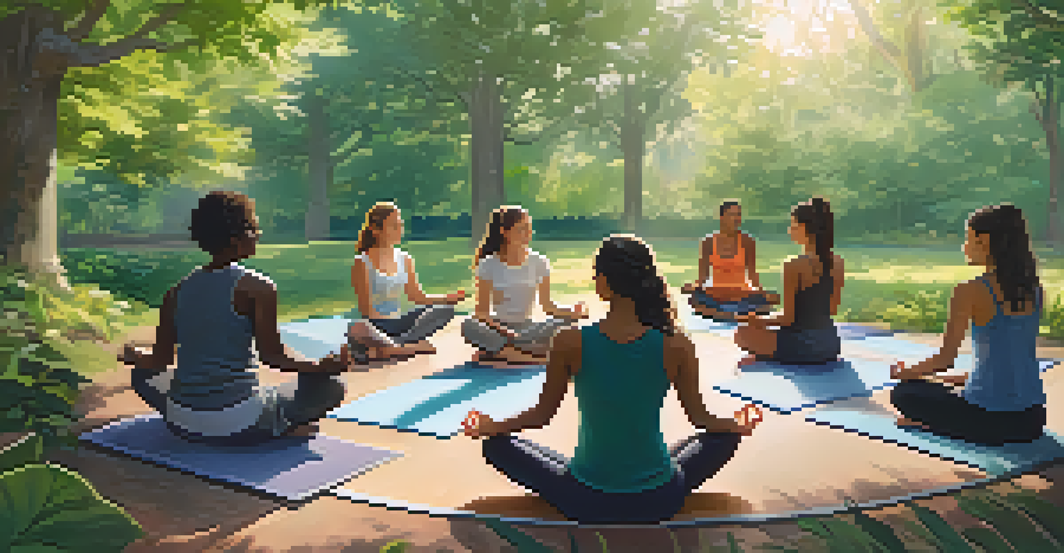 A peaceful outdoor scene with young people practicing mindfulness techniques on yoga mats, surrounded by greenery and sunlight.