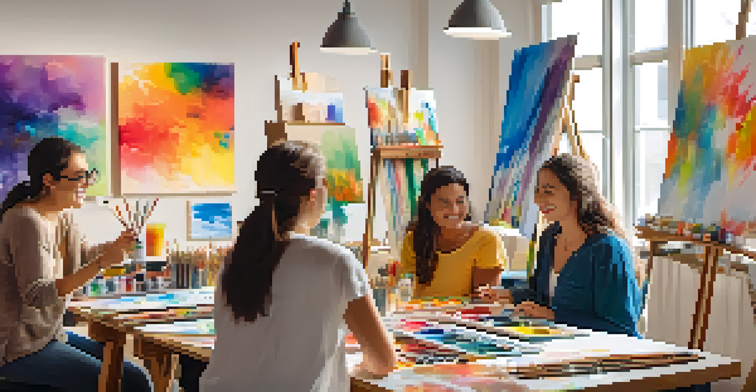 A group of people participating in an art therapy session, smiling while engaged in creative activities.
