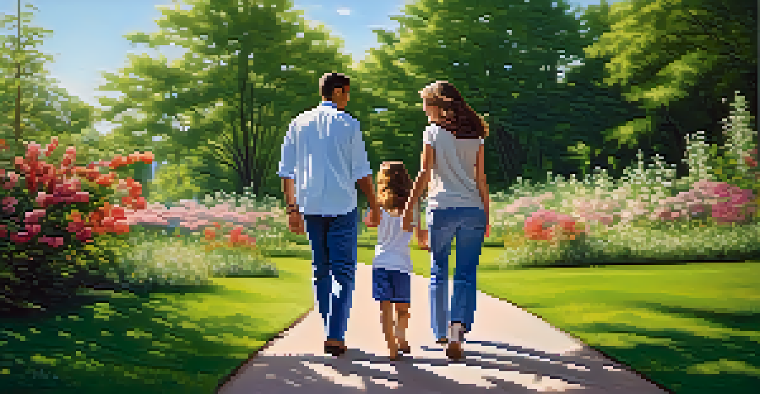 A happy family walking in a park, symbolizing support and connection.
