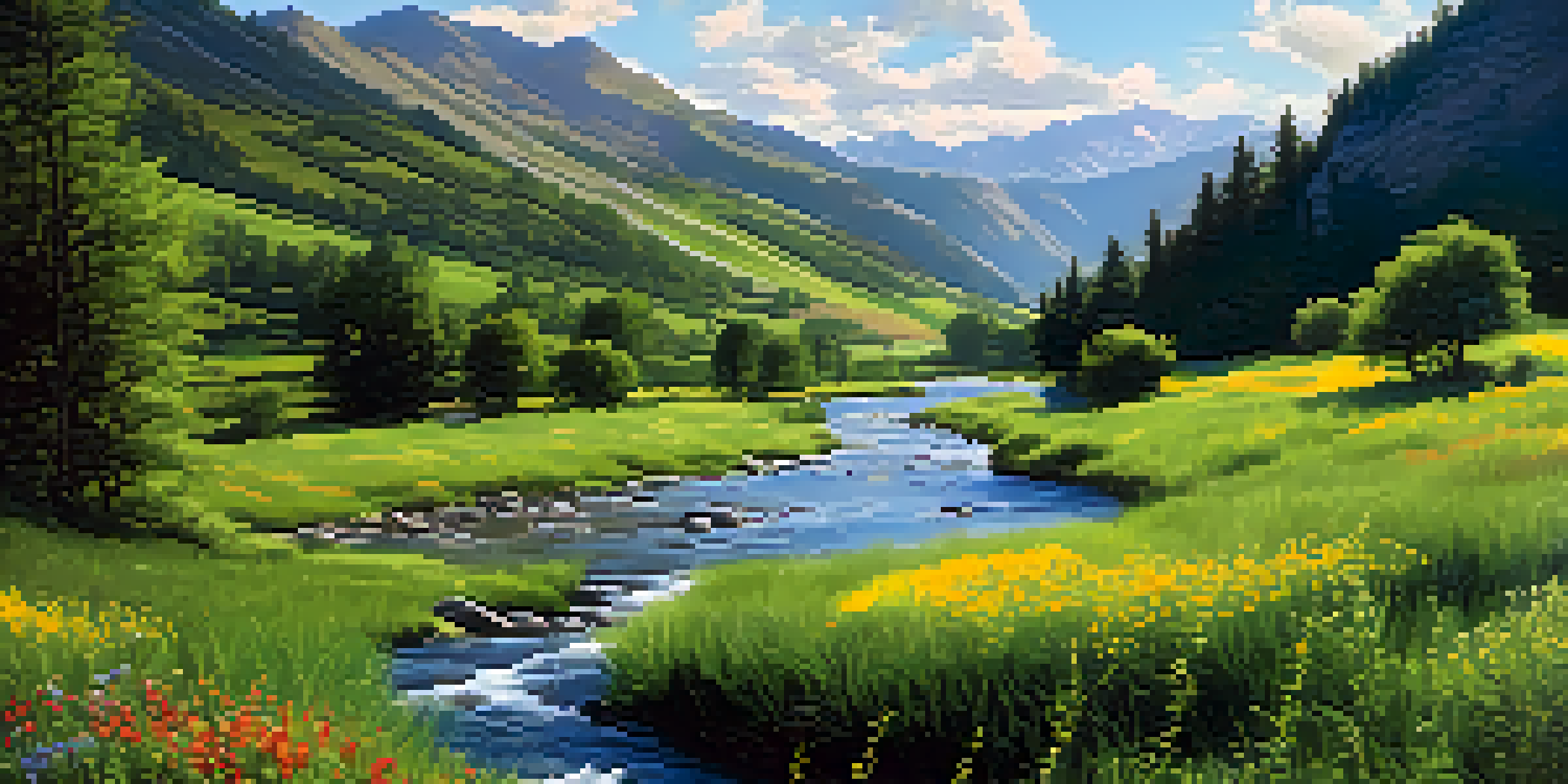 A peaceful river meandering through a vibrant green valley with mountains in the background and colorful wildflowers along the banks.