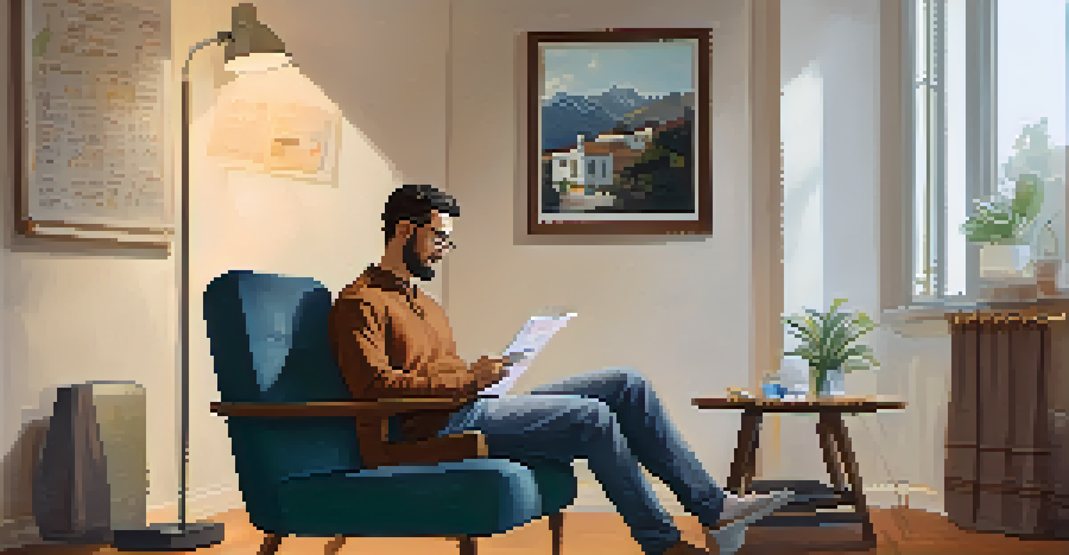 A person in a comfortable chair on a video call interview with a notepad on their lap, surrounded by calming artwork in a warmly lit room.