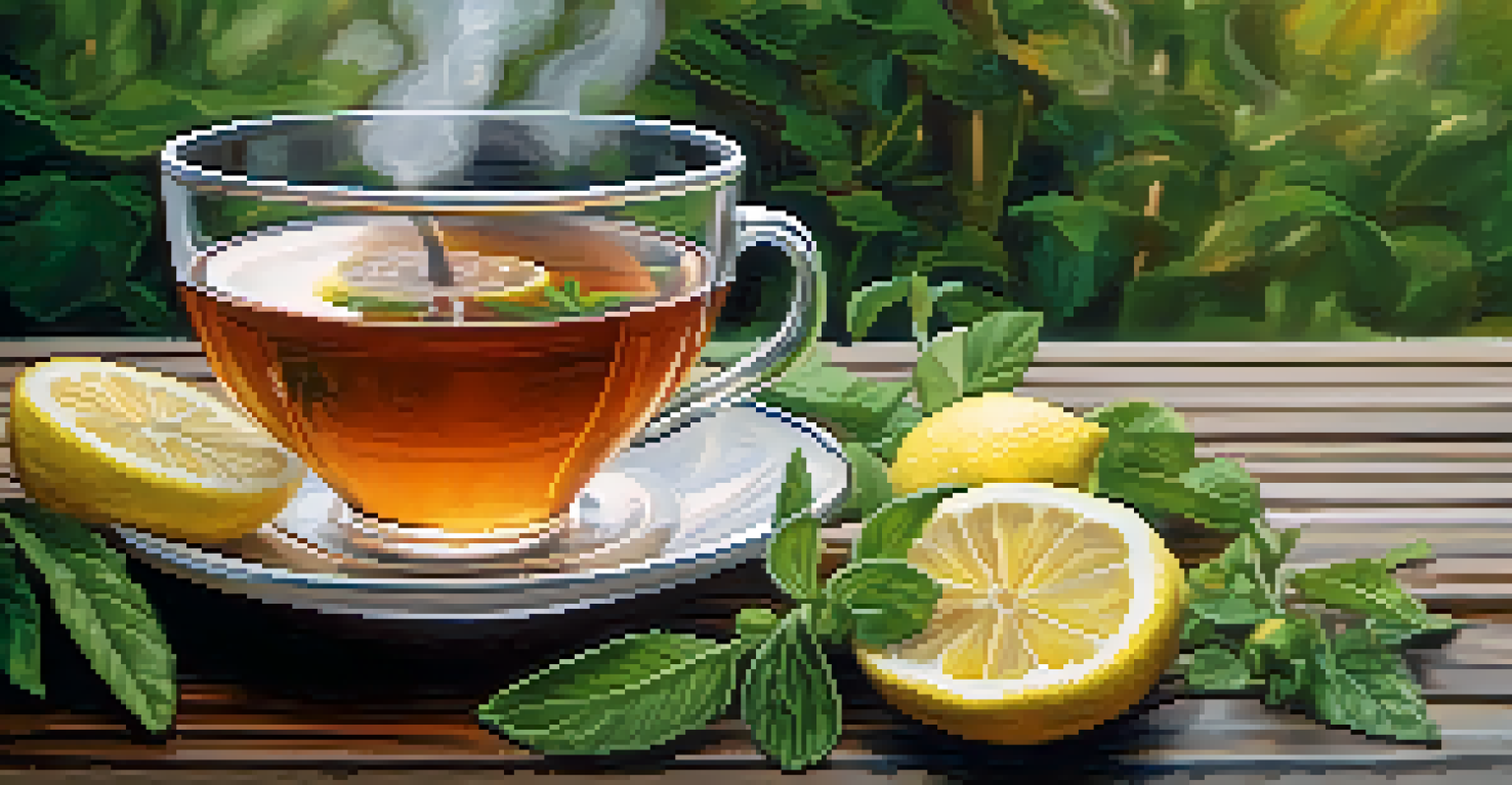 A close-up of a hand holding a steaming cup of herbal tea surrounded by fresh herbs and lemon slices.