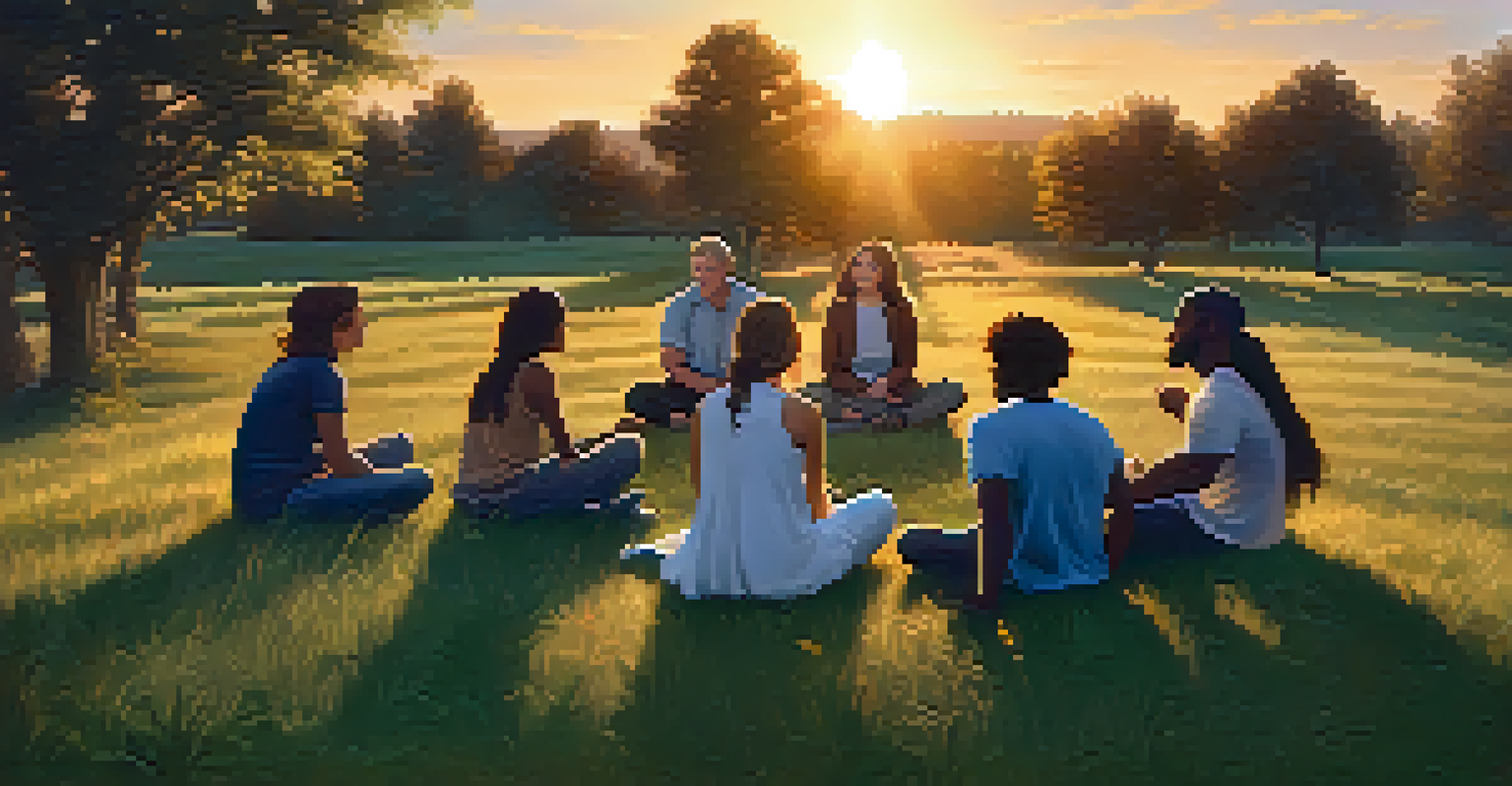 A diverse group of individuals sitting in a circle on grass, engaged in a supportive discussion with a sunset backdrop.