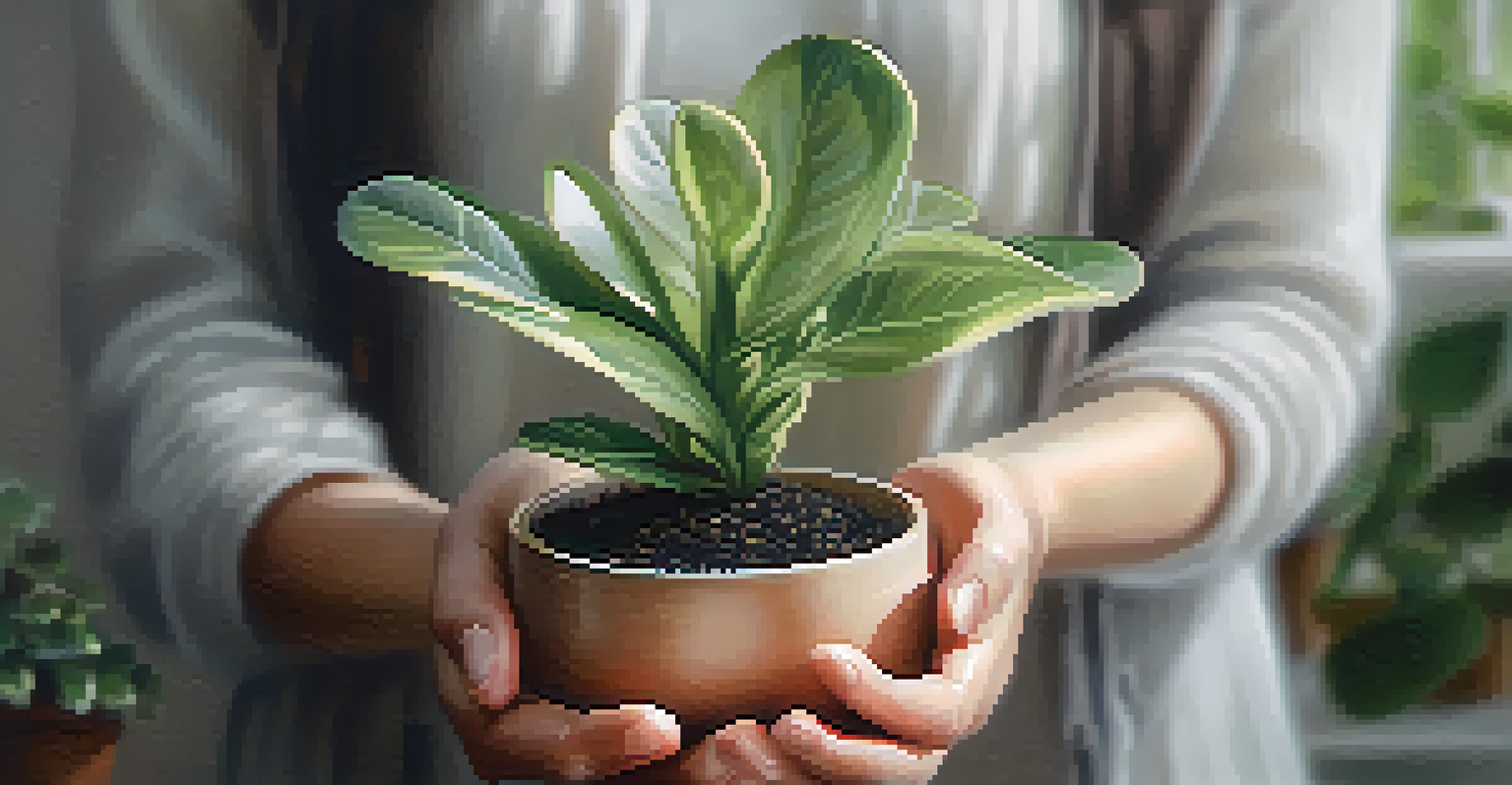 Close-up of hands holding a small potted plant, symbolizing growth and new beginnings.