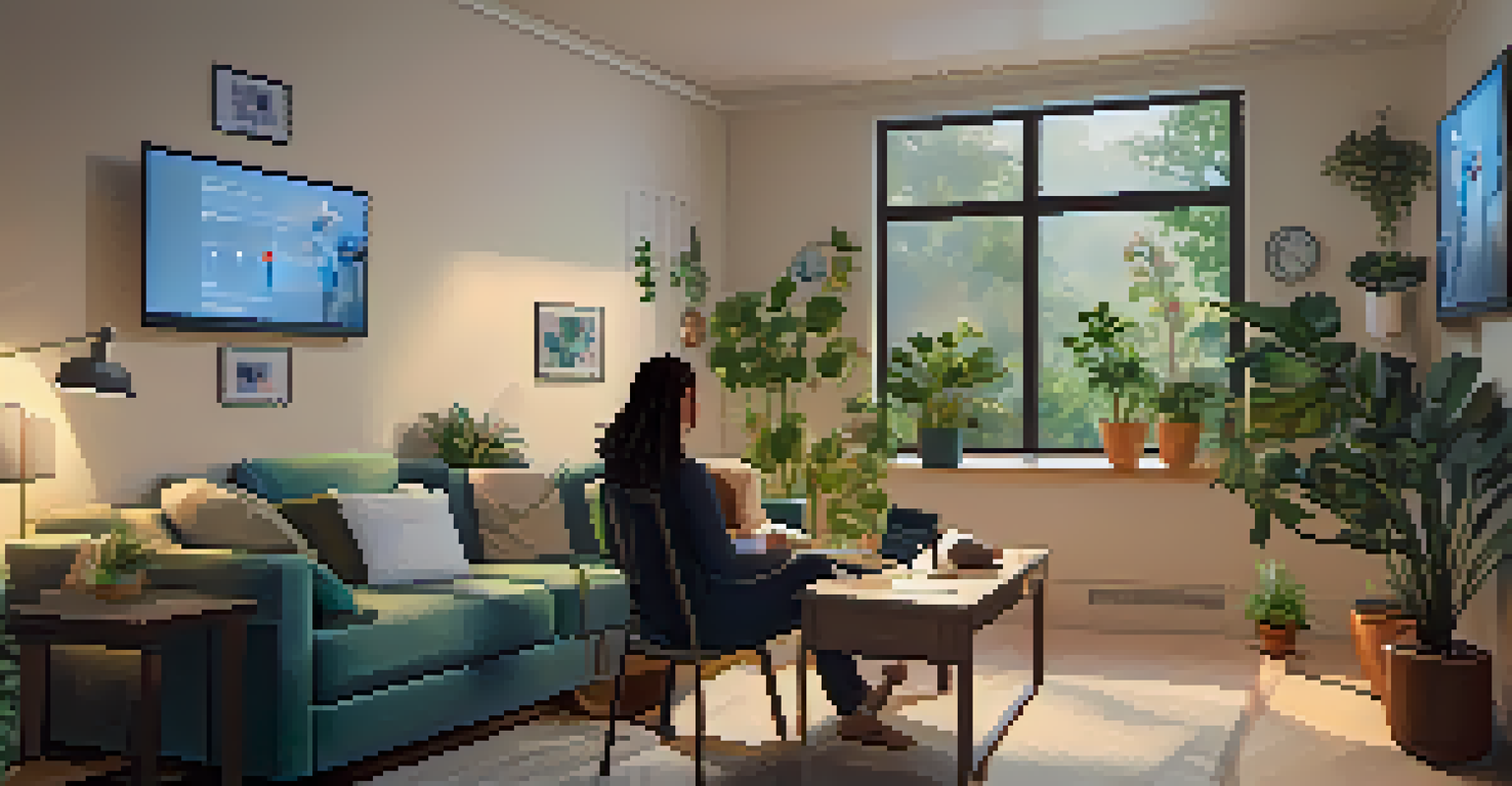 A person at home participating in a telehealth session with a healthcare provider on a laptop, in a cozy room with plants.
