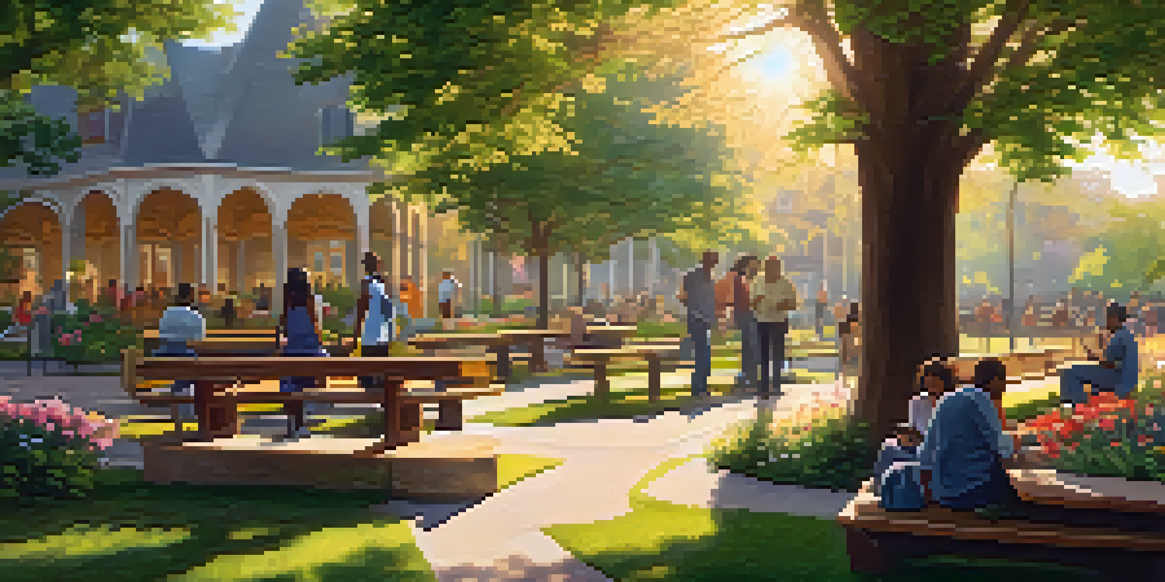 A community park where diverse individuals participate in group therapy, surrounded by greenery and flowers, with soft sunlight illuminating the scene.