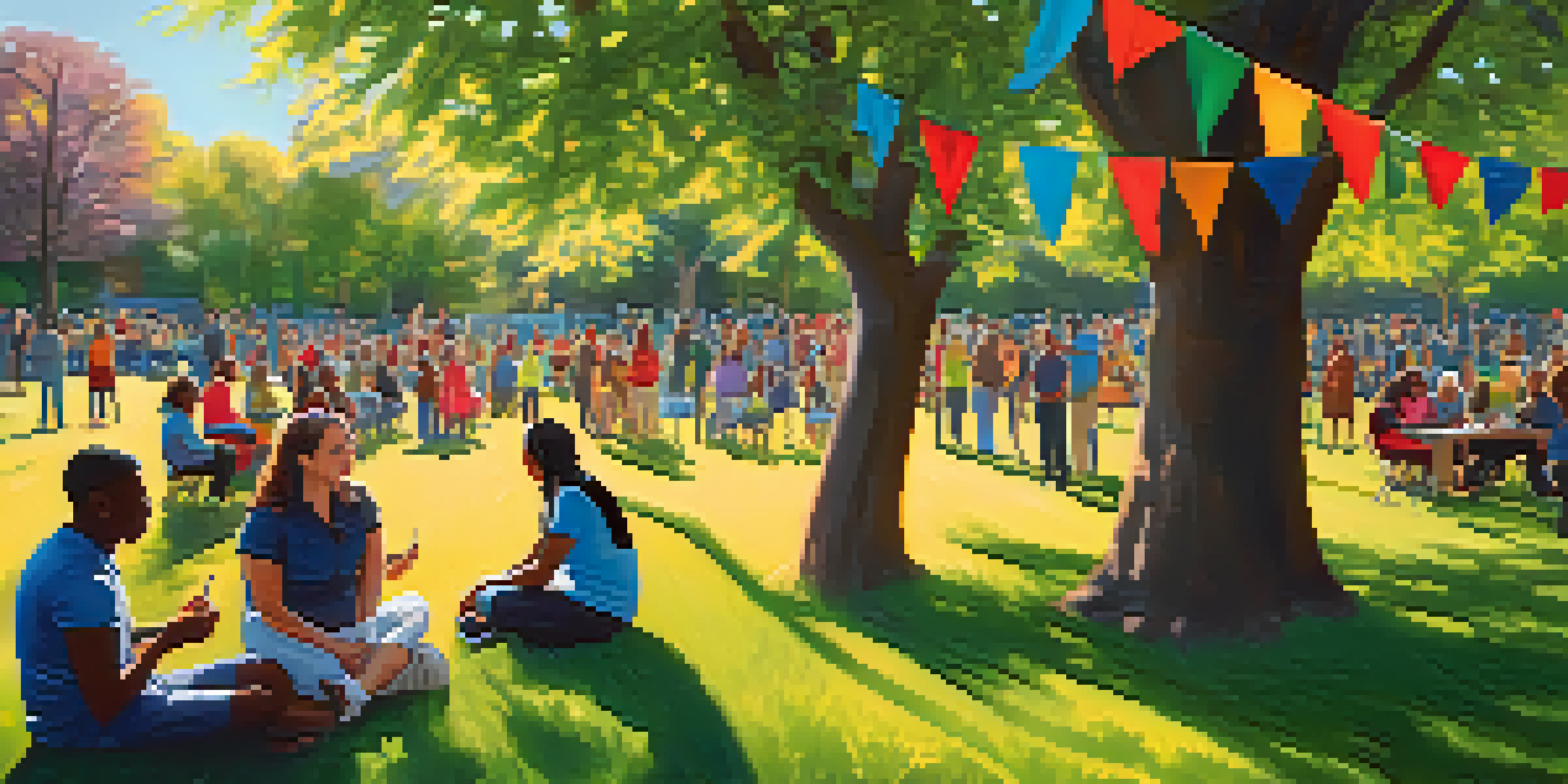 A diverse group of people in a park, engaging in conversations under colorful banners promoting mental health awareness, with a community leader speaking to a small group.