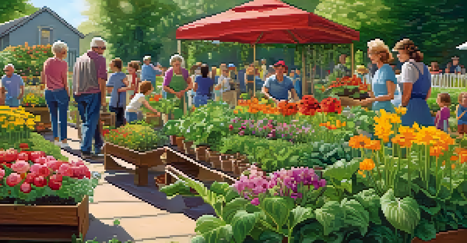 A lively community garden with people of various ages working together, surrounded by plants and flowers.