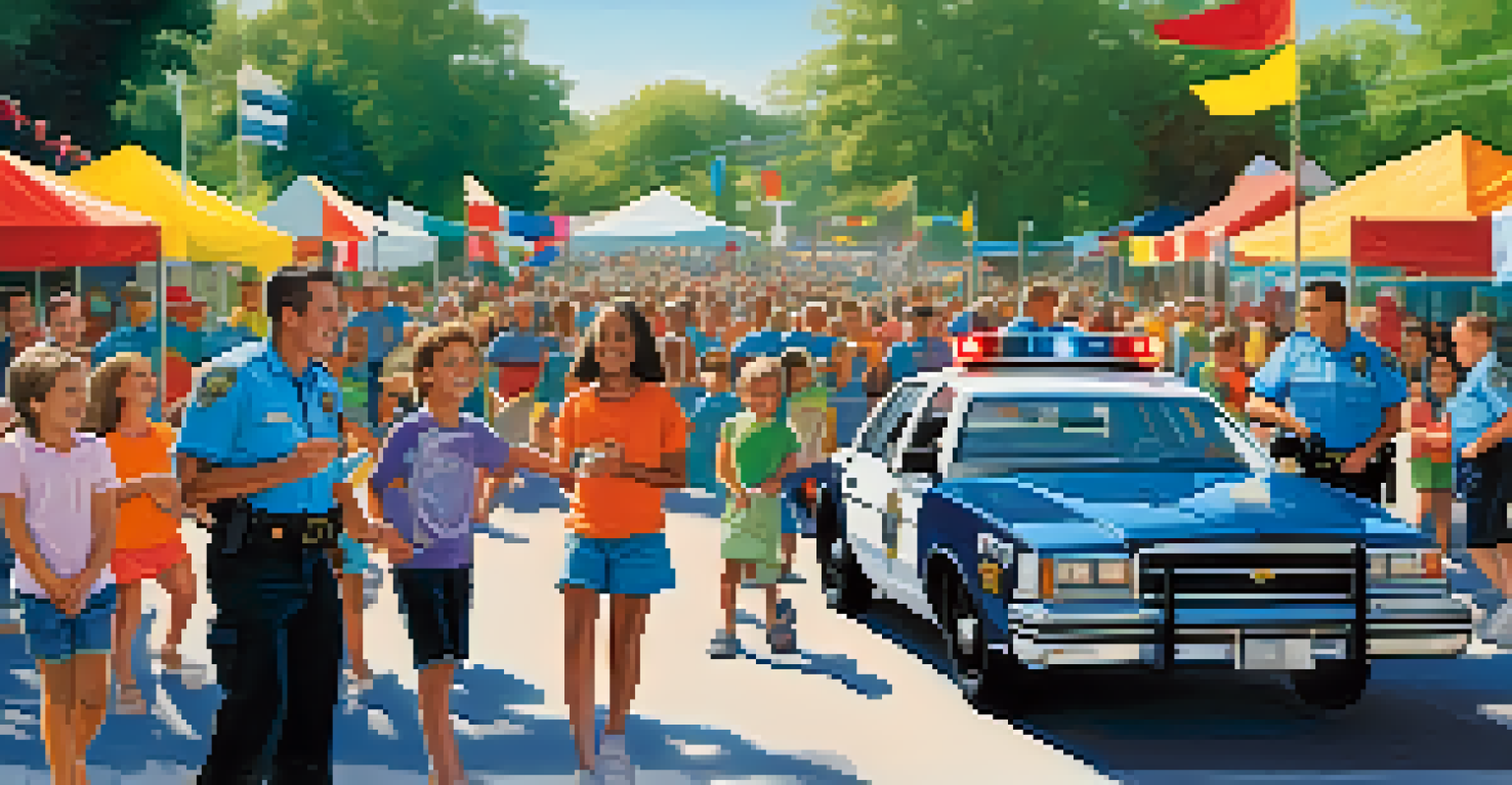 Police officers engaging with community members at an outdoor event, fostering trust and cooperation in a safe environment.