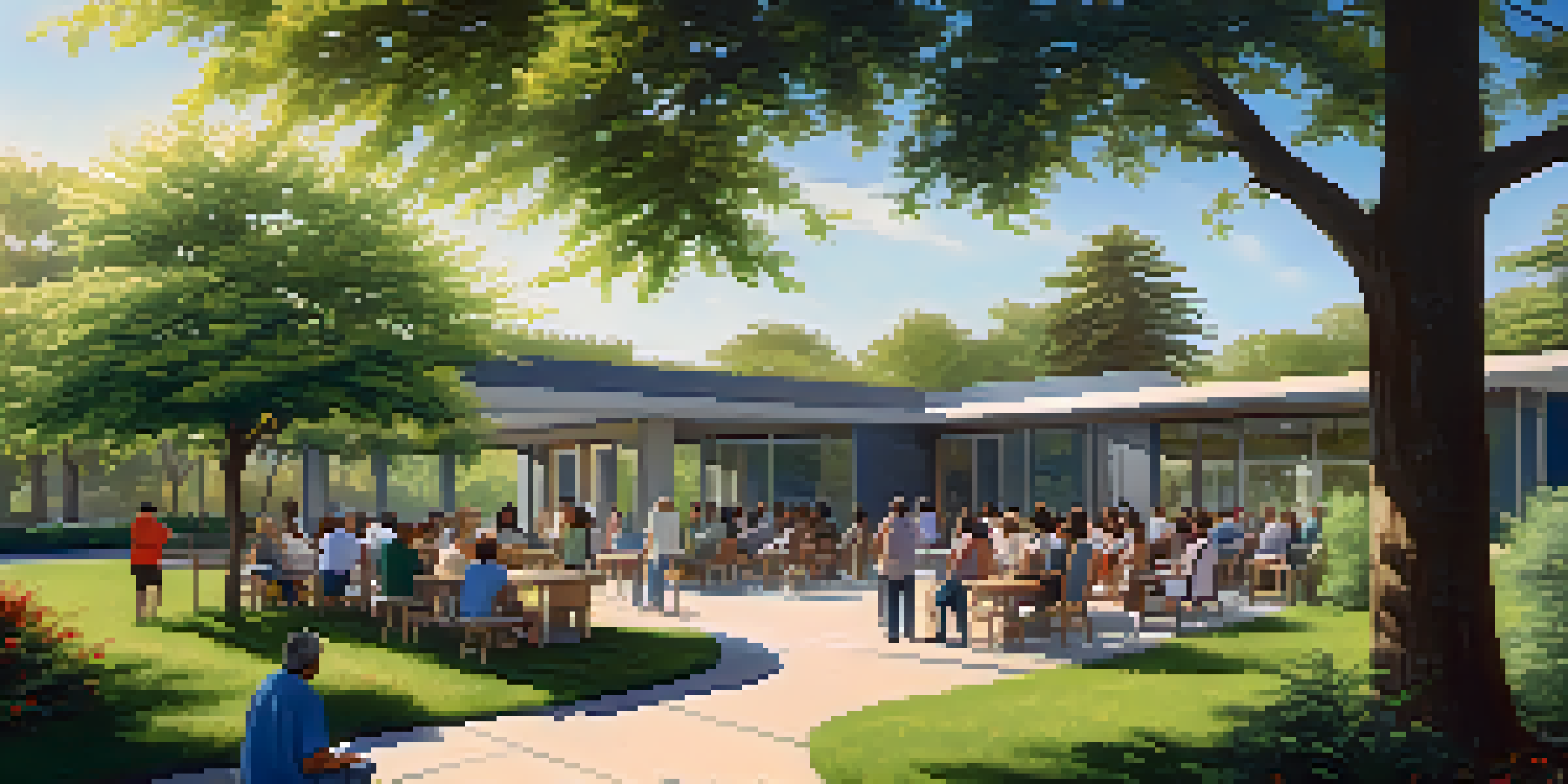 A community health center in a green landscape with diverse individuals participating in outdoor support group sessions under a sunny sky.