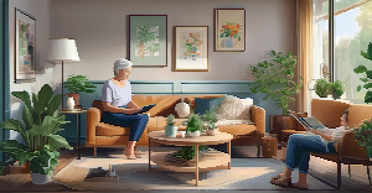 A senior woman in a cozy living room using a tablet to video call her family, surrounded by family photos and plants.