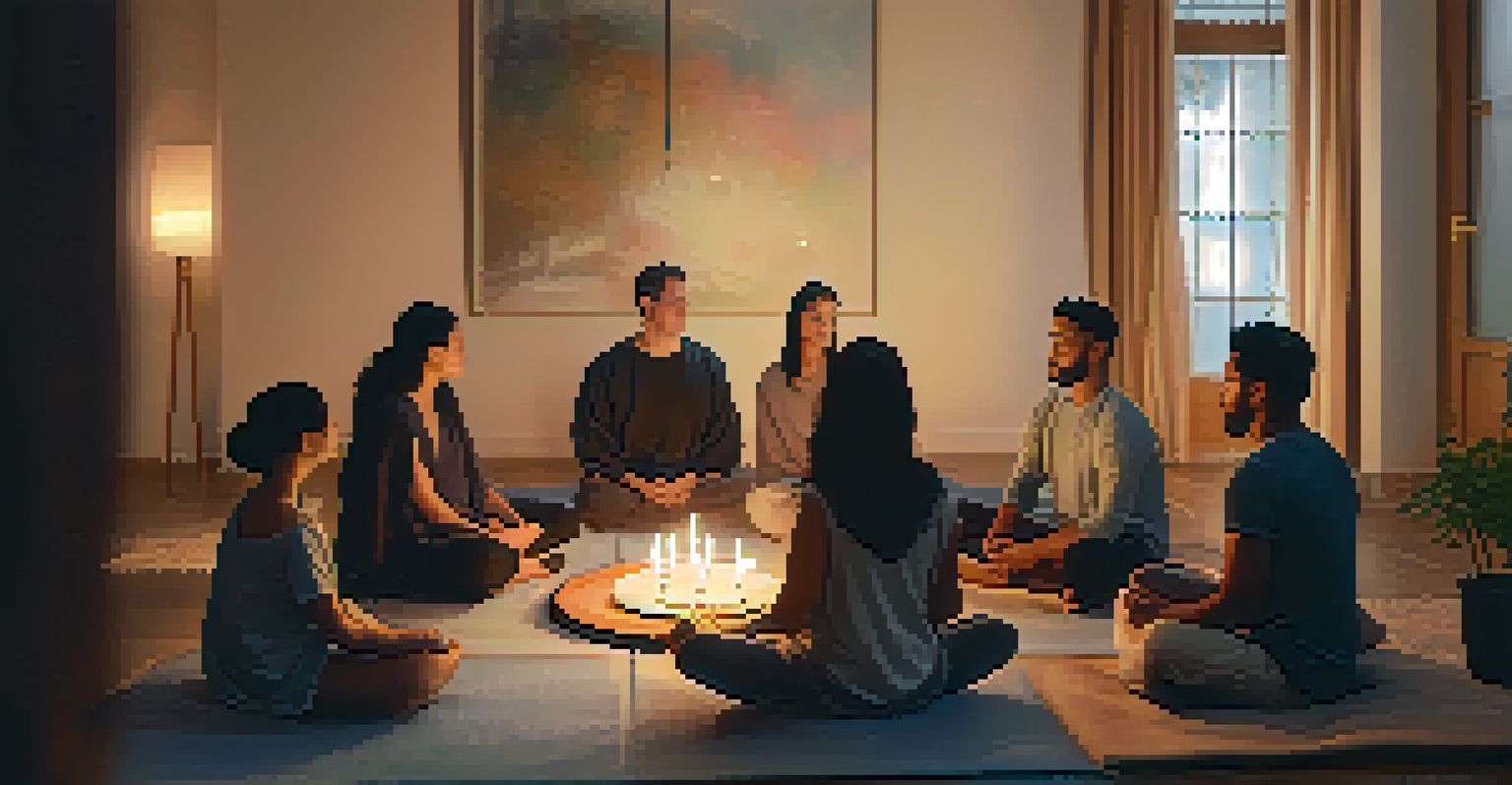 A group of individuals seated in a circle practicing mindfulness in a warmly lit room.