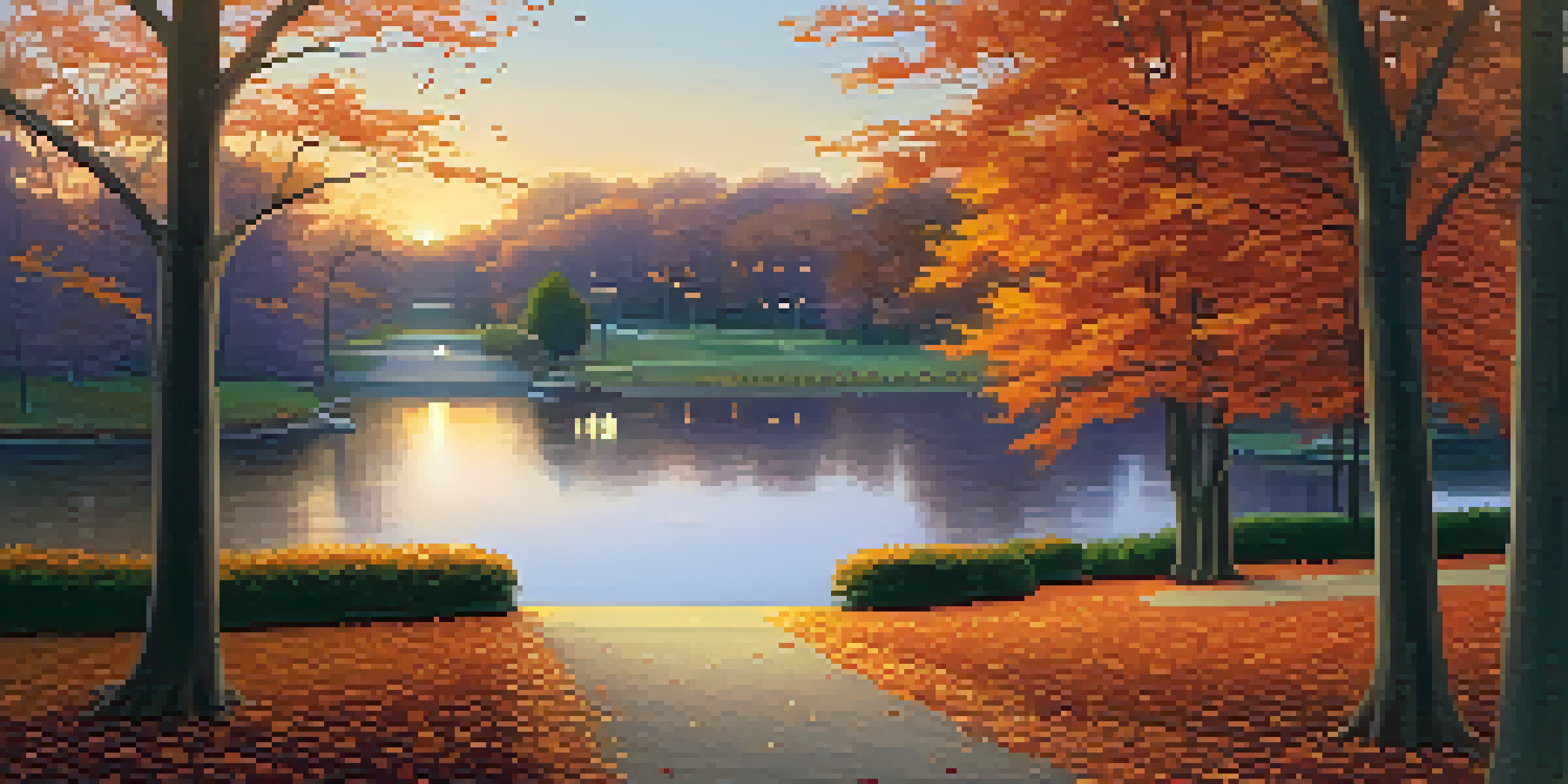 A tranquil park scene at dusk with colorful autumn leaves, a winding path, and a pond reflecting the sunset.