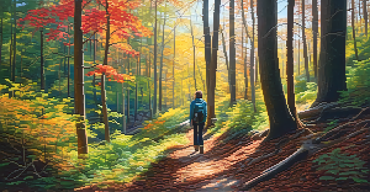 A person hiking along a forest trail, surrounded by colorful trees and sunlight.