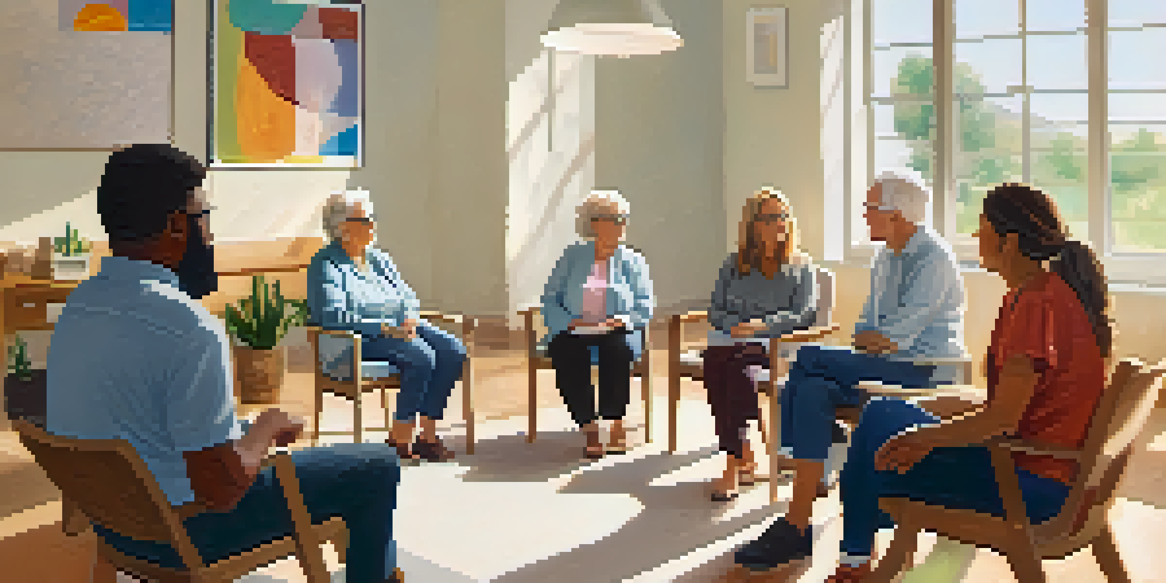 An older adult in a group therapy session, sitting in a circle with peers, all engaged and sharing experiences.