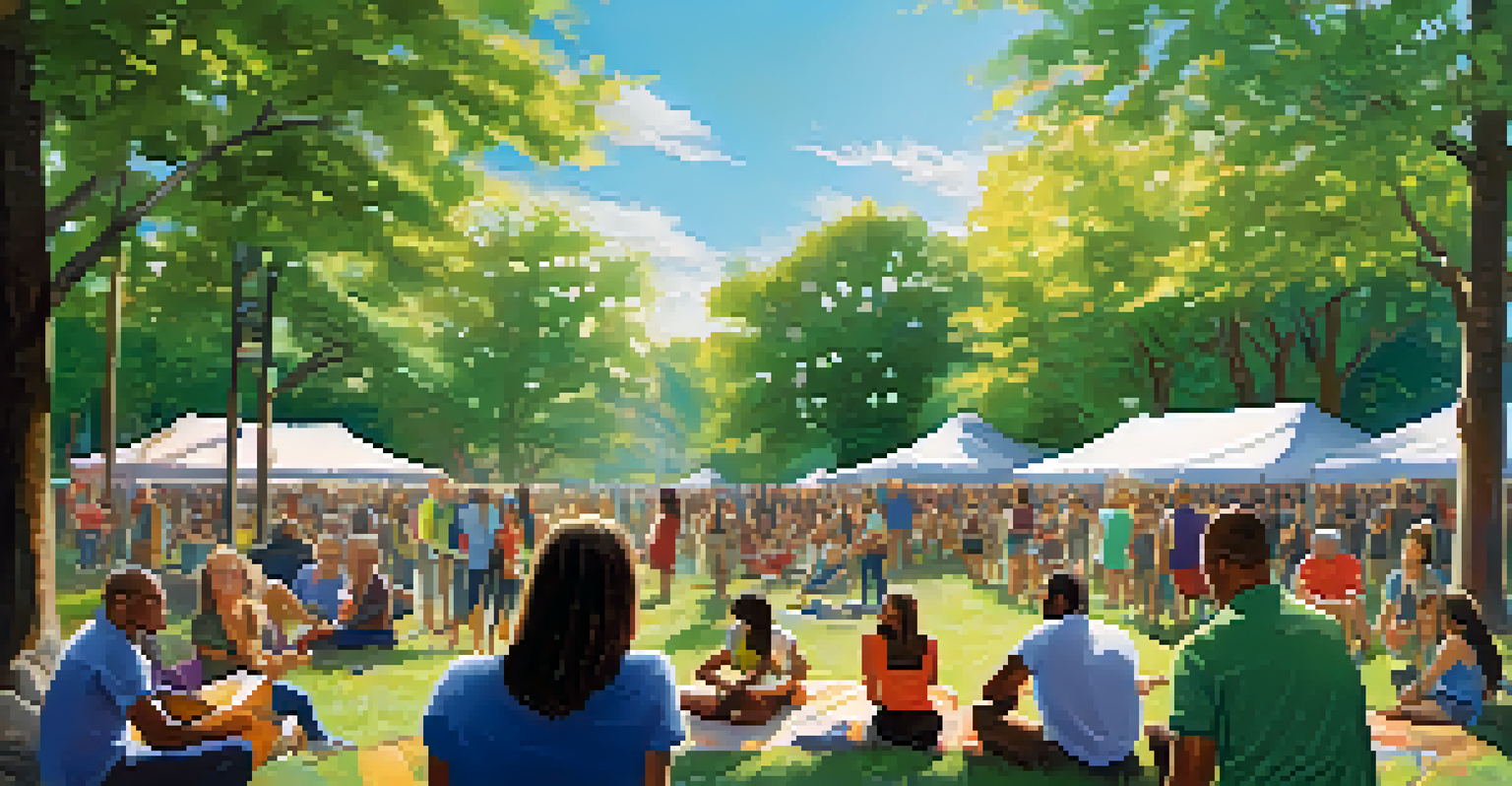 A lively outdoor community gathering promoting recovery and support, with diverse individuals engaging in activities under bright sunlight.