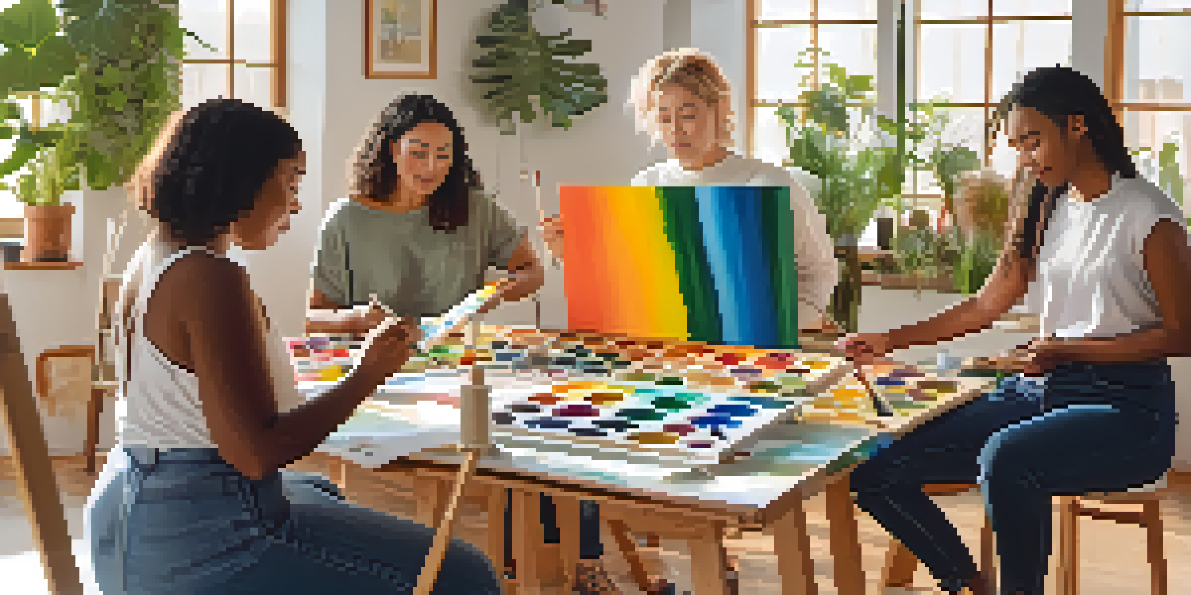 A group of individuals participating in an art therapy session, painting on canvases in a bright and inviting room filled with plants.