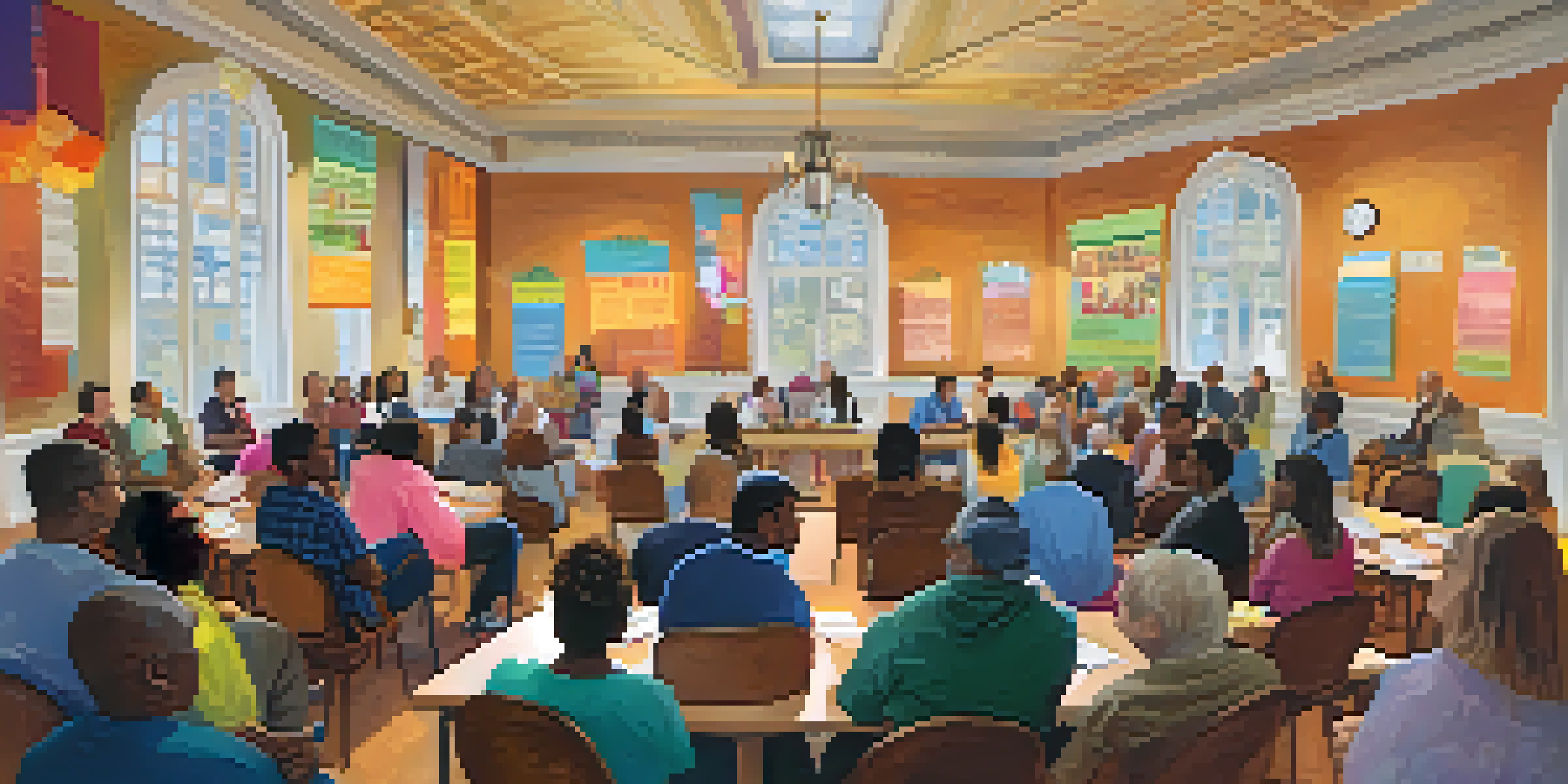 A diverse group of community members in a town hall discussing addiction and mental health resources, surrounded by colorful banners and pamphlets.