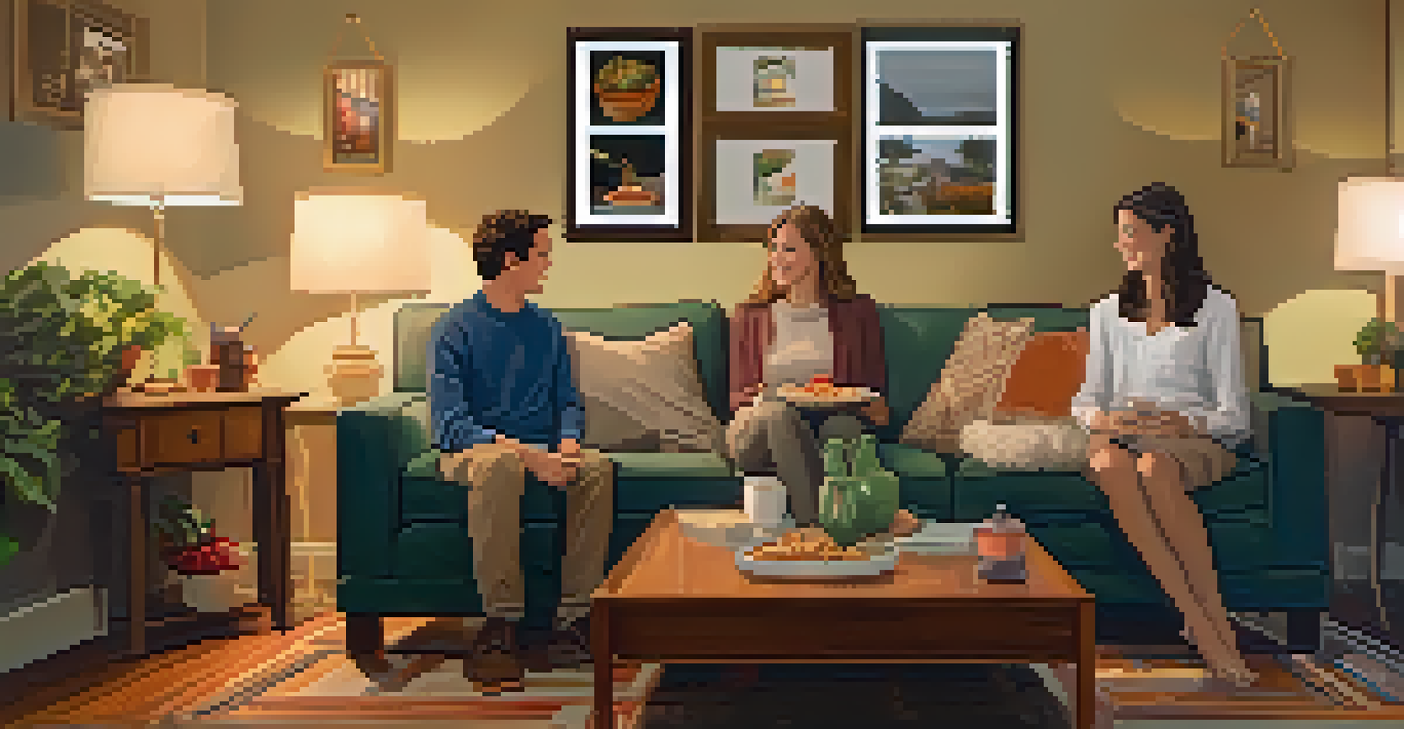 A family of four sitting in a cozy living room, having a heartfelt conversation with warm lighting and family photos around.