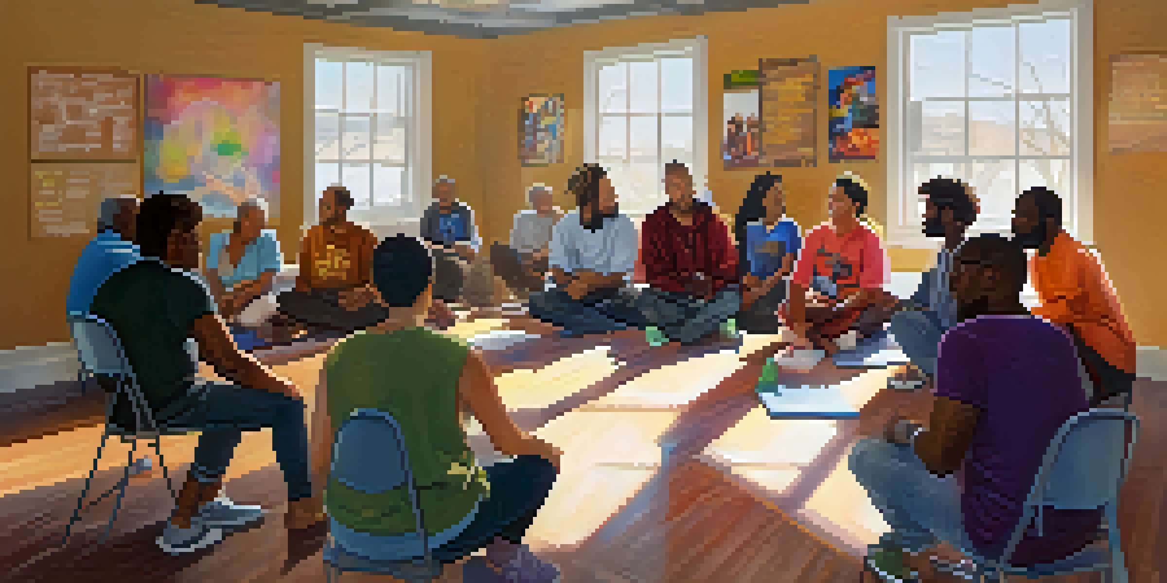 A diverse group of individuals participating in a supportive recovery workshop in a bright community center.