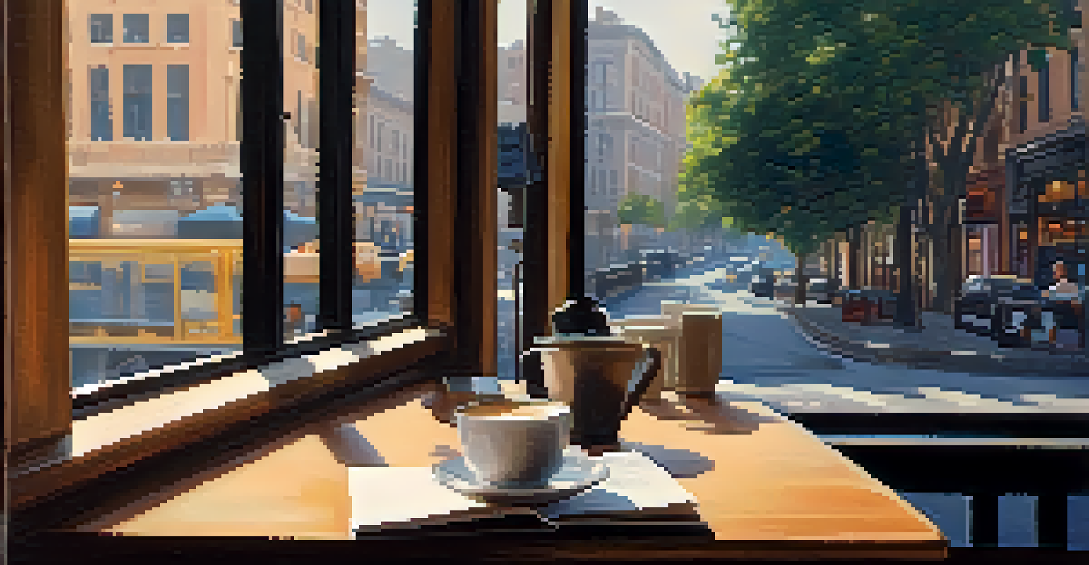 A close-up of a person holding a coffee cup in a café, with notes about addiction recovery on the table, illuminated by soft morning light.