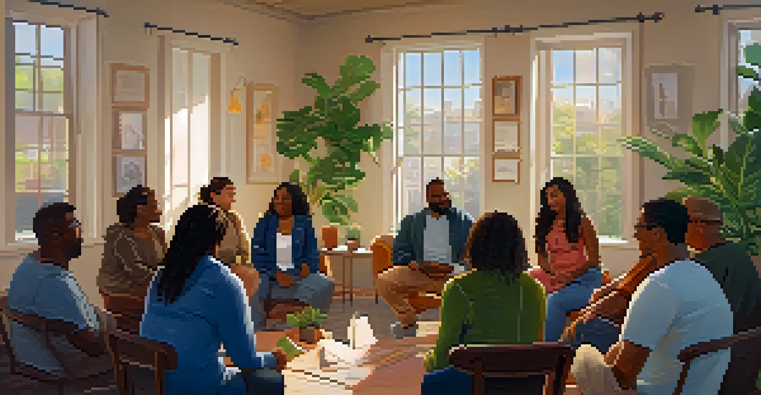 A diverse group of individuals in a circle at a community support meeting, sharing stories in a cozy, plant-filled room.