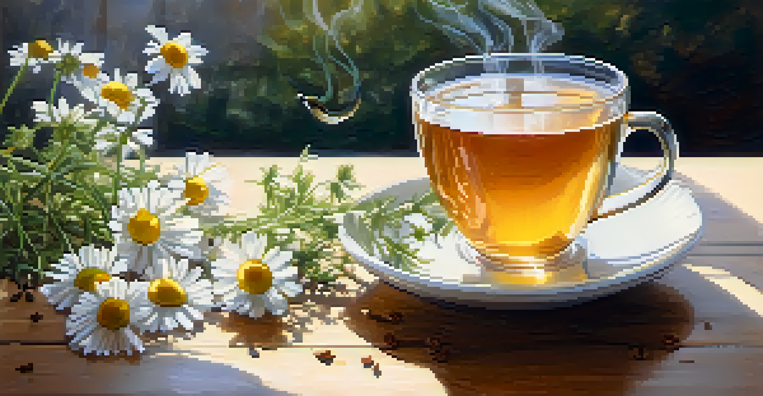 A close-up of a cup of chamomile tea with fresh flowers, nuts, and a notebook on a wooden table.