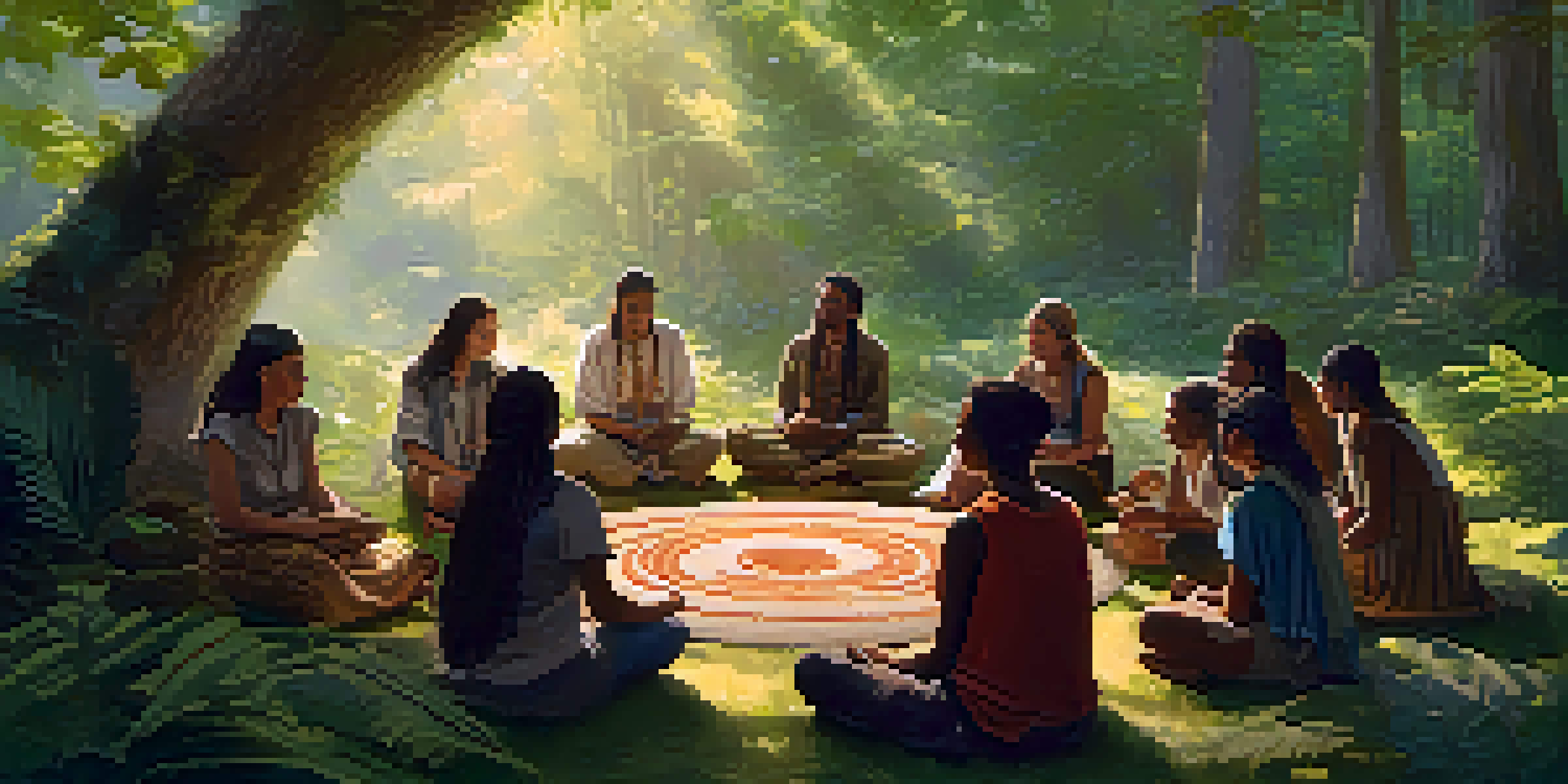 A group of diverse individuals sitting in a circle in a forest, sharing stories and holding symbolic objects, surrounded by lush greenery and soft sunlight.