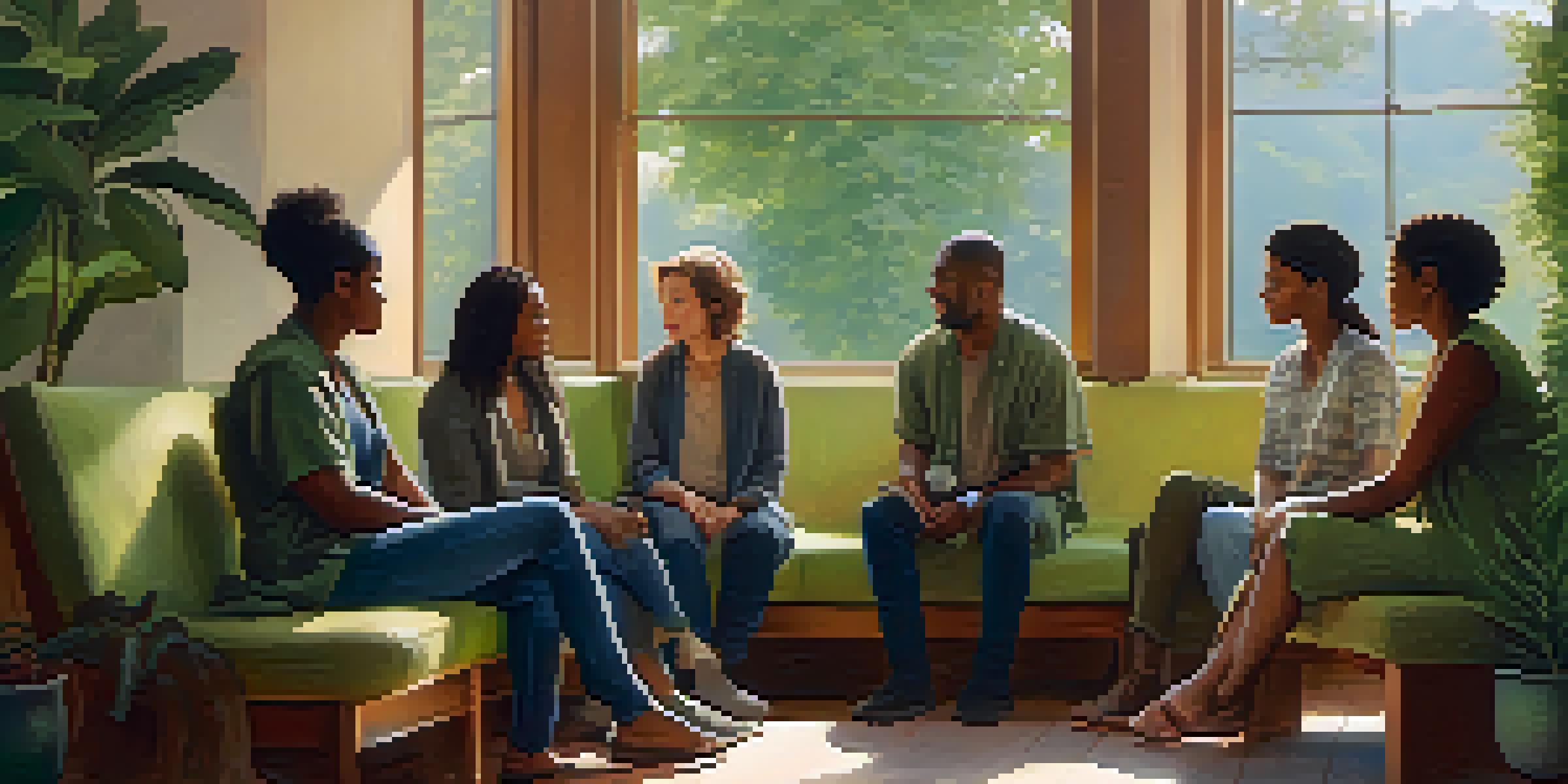 A diverse group of individuals sitting in a circle, engaged in a heartfelt discussion with warm lighting and a cozy atmosphere.
