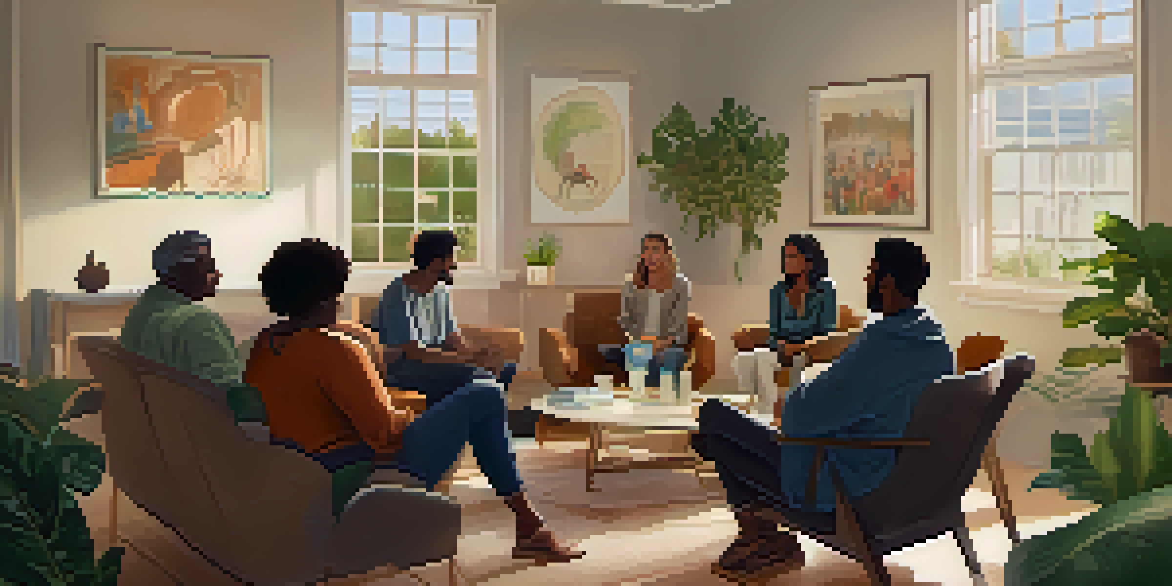 A diverse group of individuals gathered in a circle for a support meeting, sharing stories in a cozy, warmly lit room.