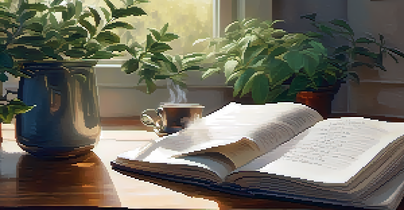 A hand writing in a journal with a cup of tea beside it in a cozy room filled with plants.