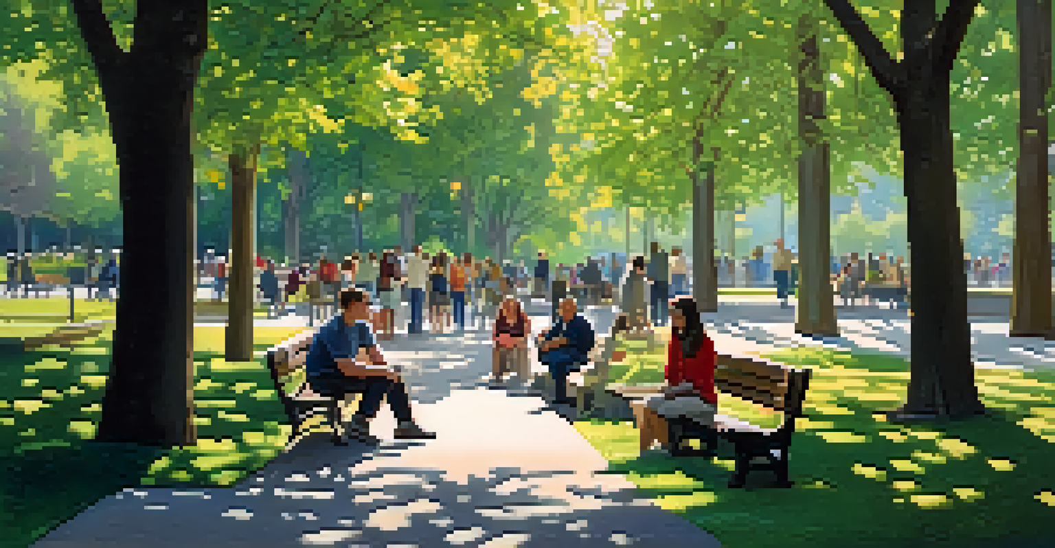 A diverse group of people sitting on benches in a park, having meaningful conversations under the warm sunlight.