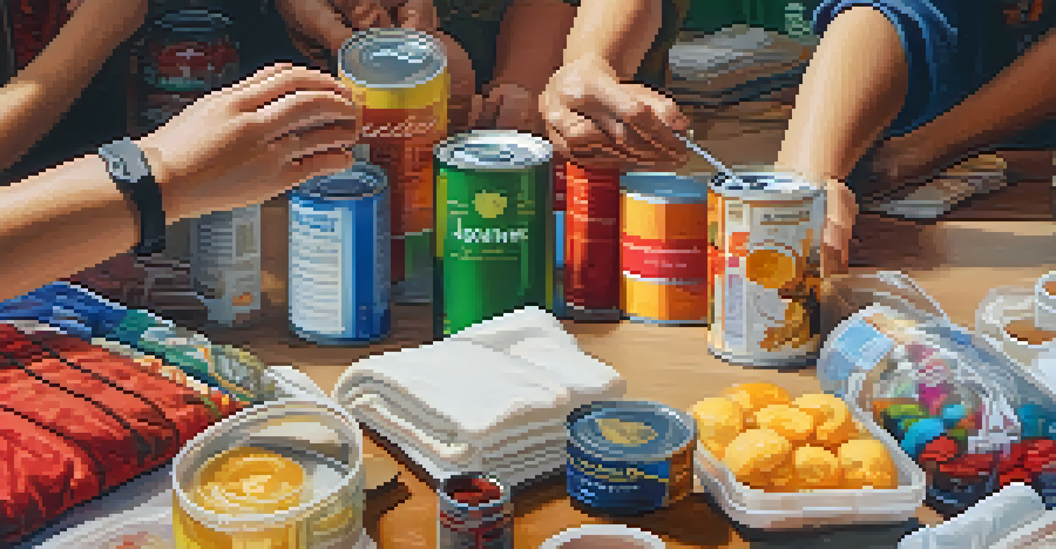 Close-up of diverse hands assembling care packages for those in need, with colorful items on a table.