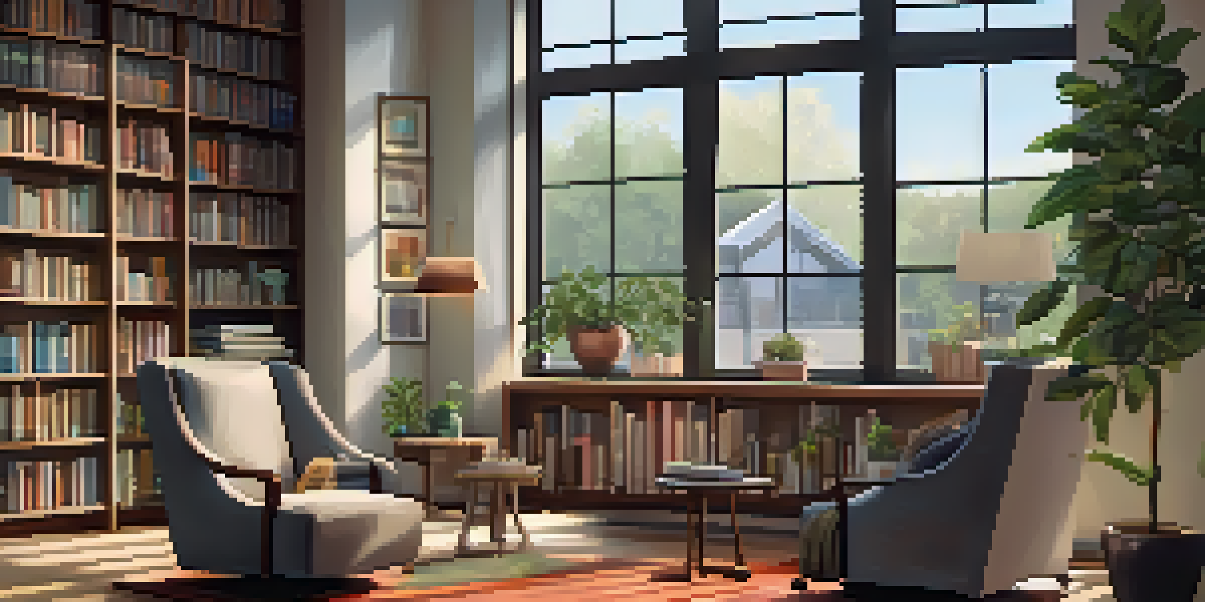 A cozy therapist's office with natural light, a comfortable armchair, and a bookshelf filled with wellness books.