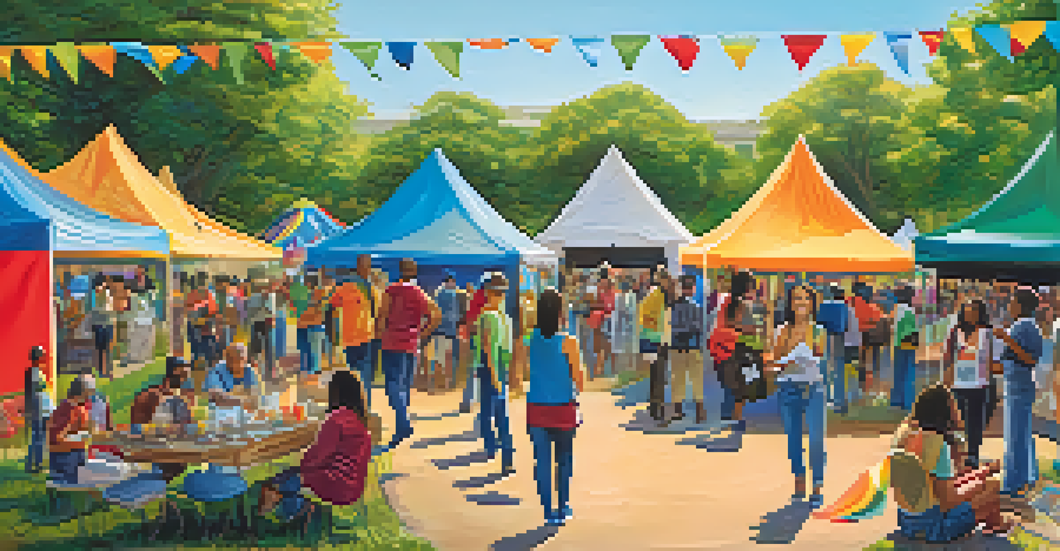 An outdoor community event with colorful tents and people from diverse backgrounds engaging in activities to promote addiction recovery resources.