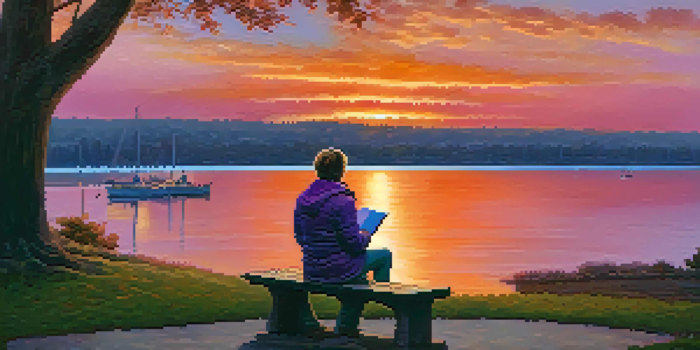 A person sitting on a bench at sunset, looking contemplative with a notepad and pen, representing the journey of quitting smoking.