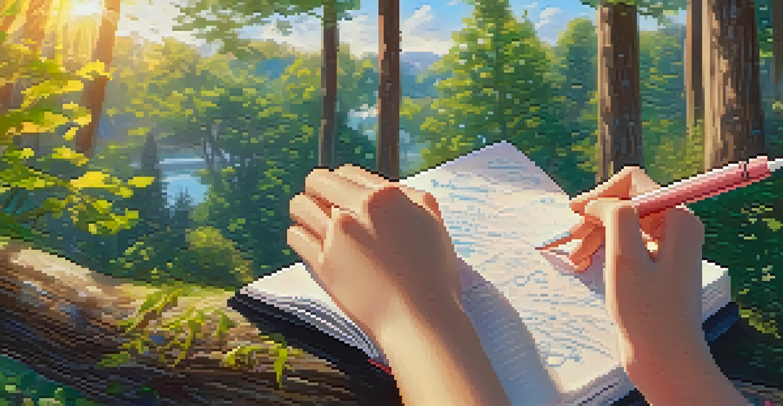 A close-up of a teenage girl's hands writing in a colorful journal in a natural setting, symbolizing self-reflection and personal growth.