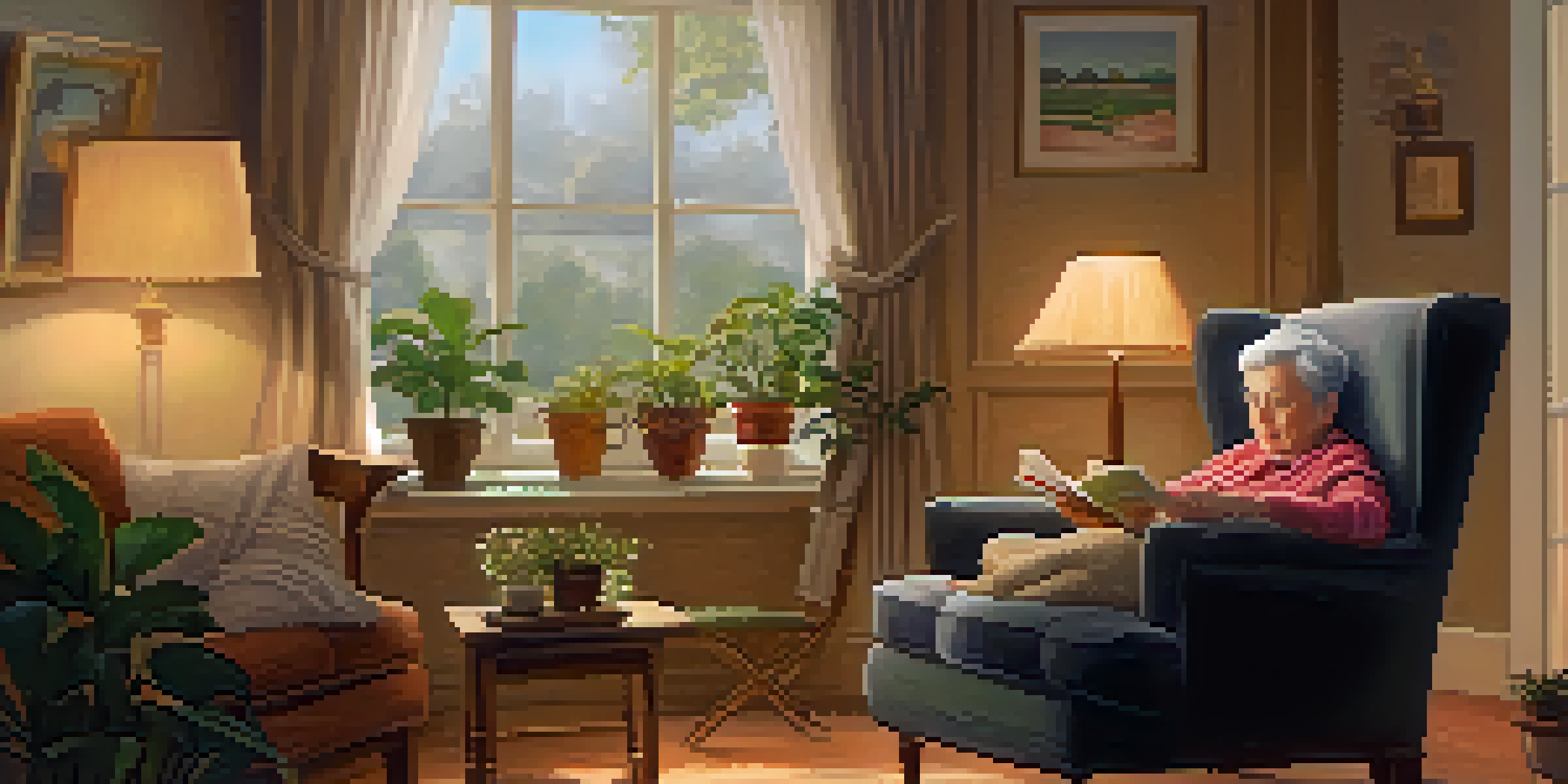 An elderly person sitting in a comfortable armchair in a cozy living room, looking out of a window with a cup of tea on a side table.