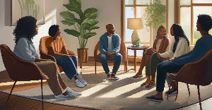 A group counseling session with diverse individuals sharing experiences in a cozy, warmly lit room.