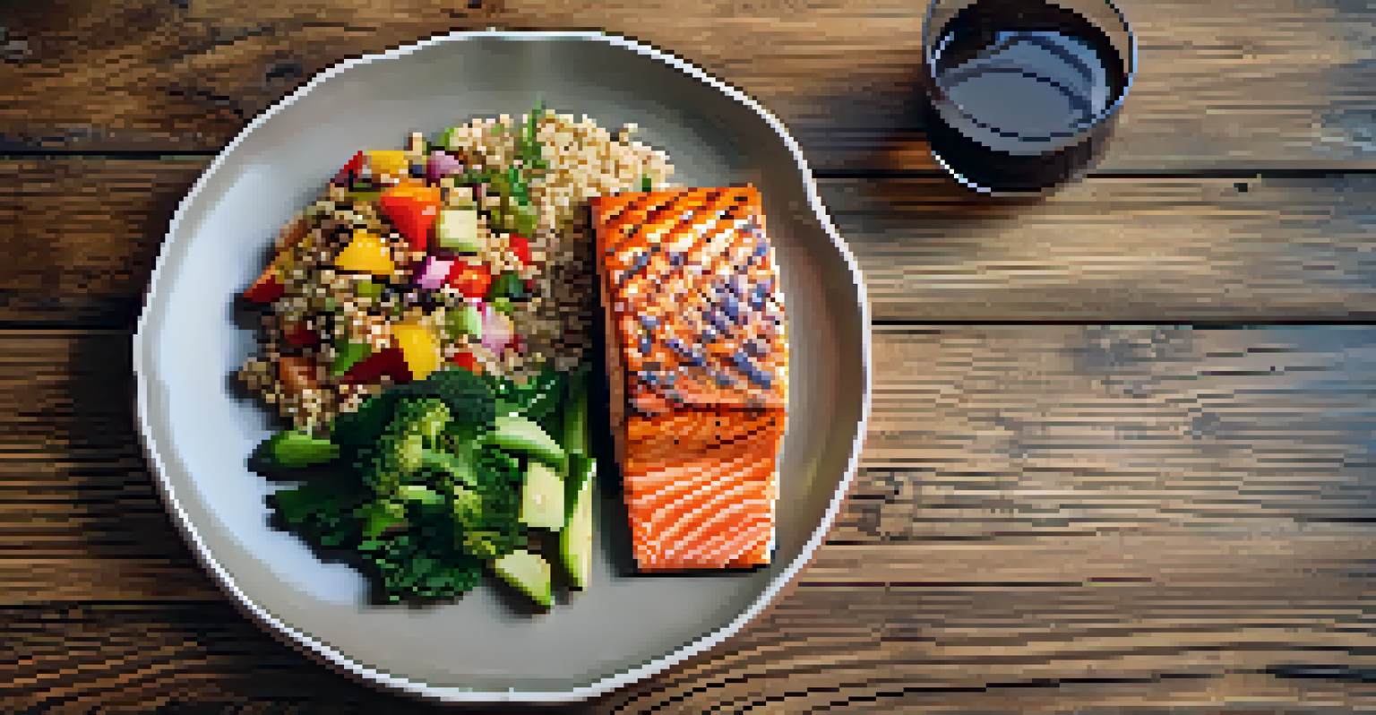 A beautifully arranged plate of grilled salmon, quinoa, and colorful vegetables on a wooden table, highlighting balanced nutrition.