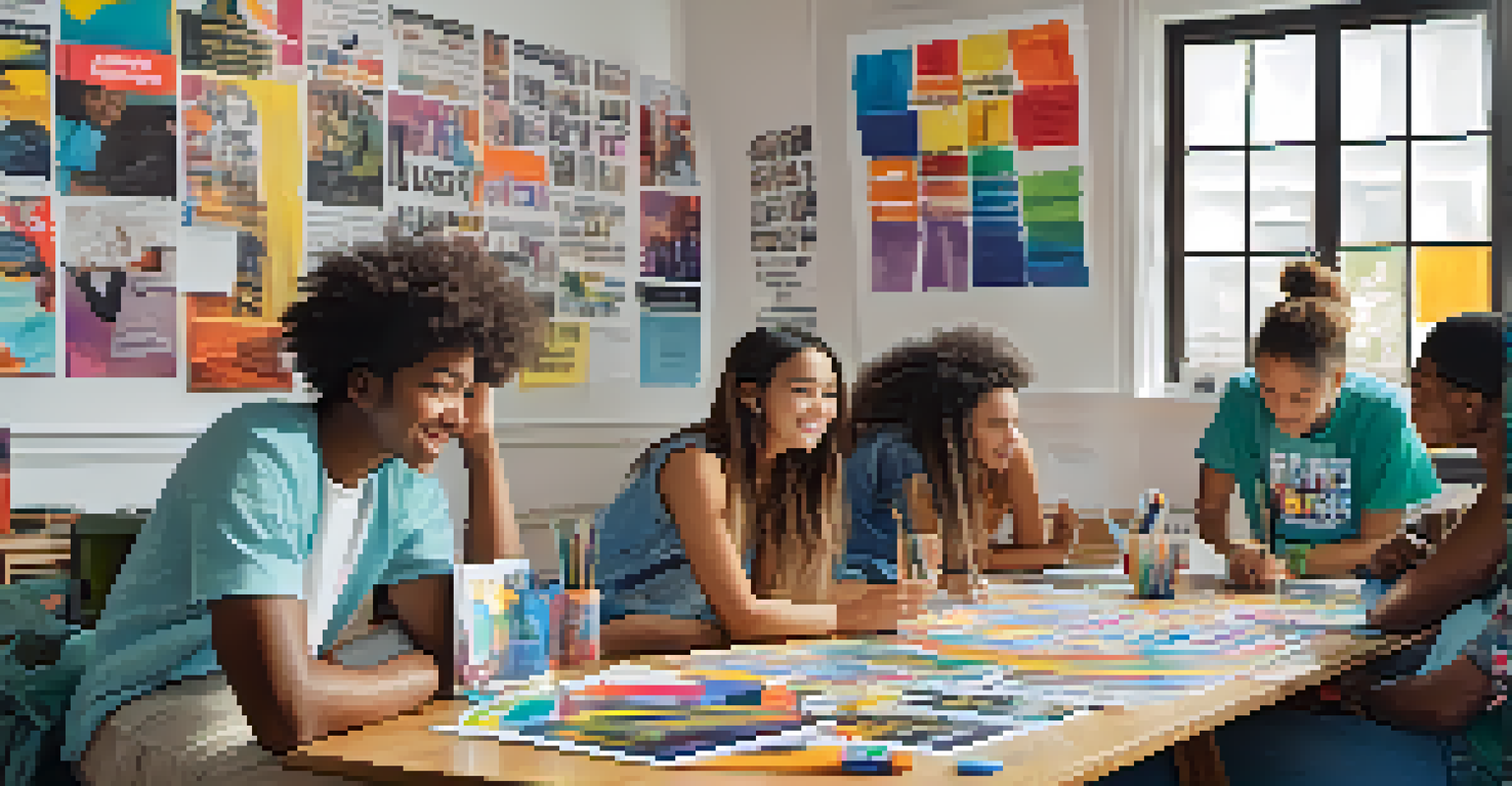 A group of young individuals collaborating on a recovery awareness campaign at a table filled with posters and art supplies.