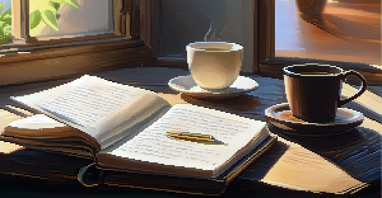 A cozy workspace featuring a journal, pen, and tea on a wooden table, with sunlight illuminating the scene.