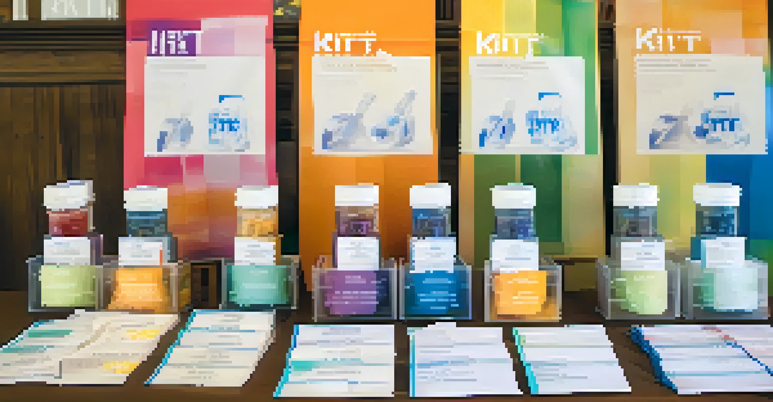 Close-up of clean needle exchange kits on a table at a community event, with soft lighting and vibrant colors.