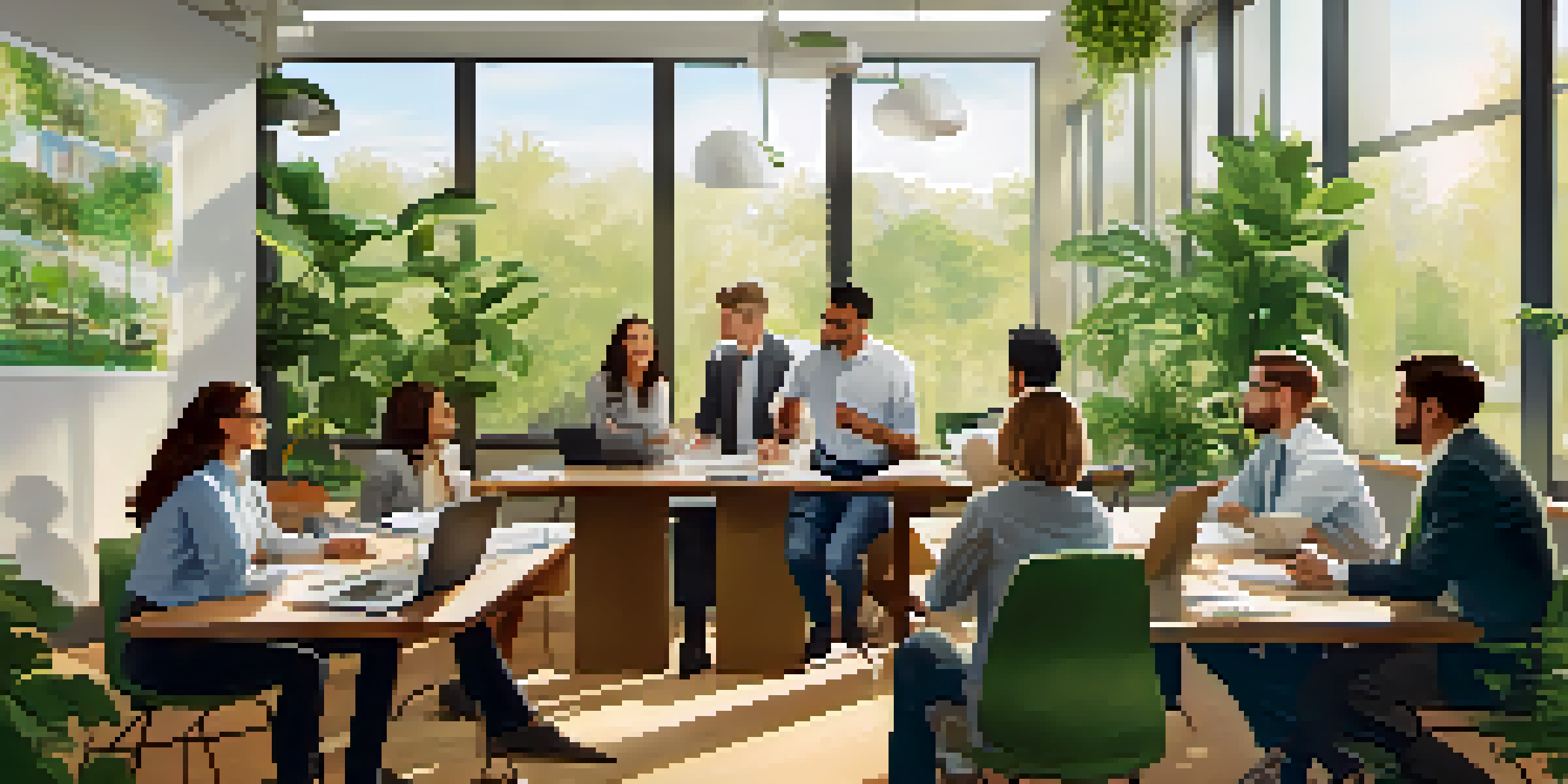 A diverse group of employees discussing support in a well-lit office with plants and motivational posters.