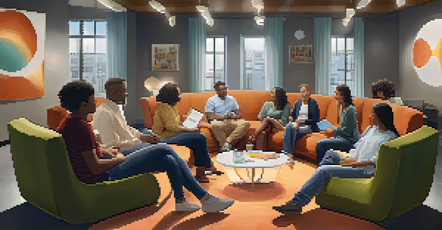 A support group session in a cozy lounge area, with participants sharing experiences and supporting each other.