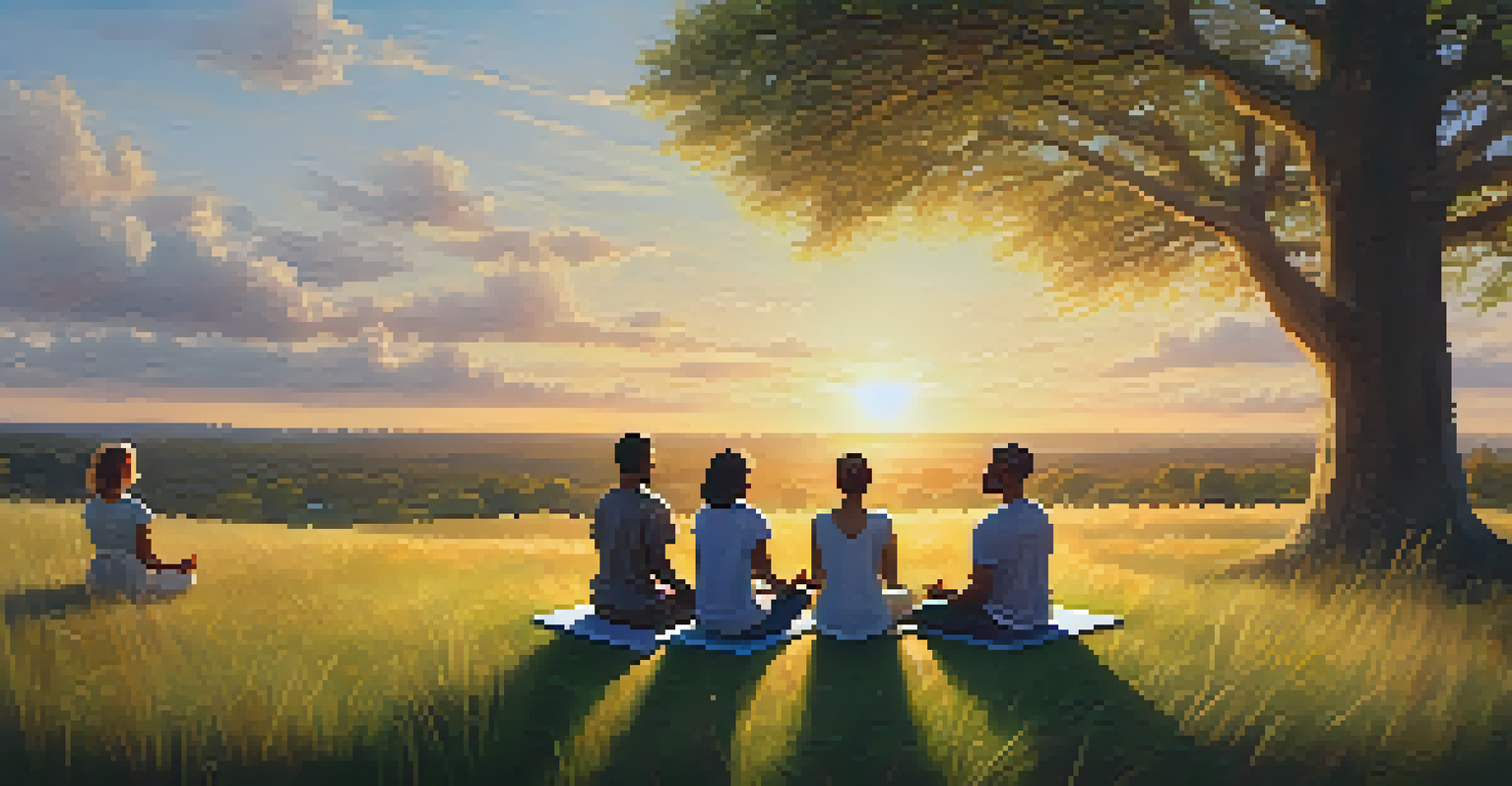 A diverse group of people practicing mindfulness meditation together in a circle on a grassy field at sunset.