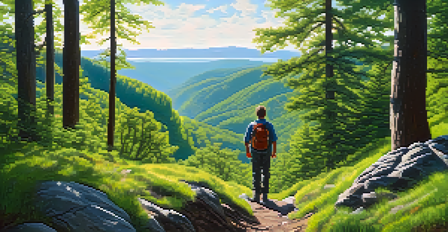 A person hiking on a rocky overlook in a green forest, enjoying a beautiful view of hills and blue sky.